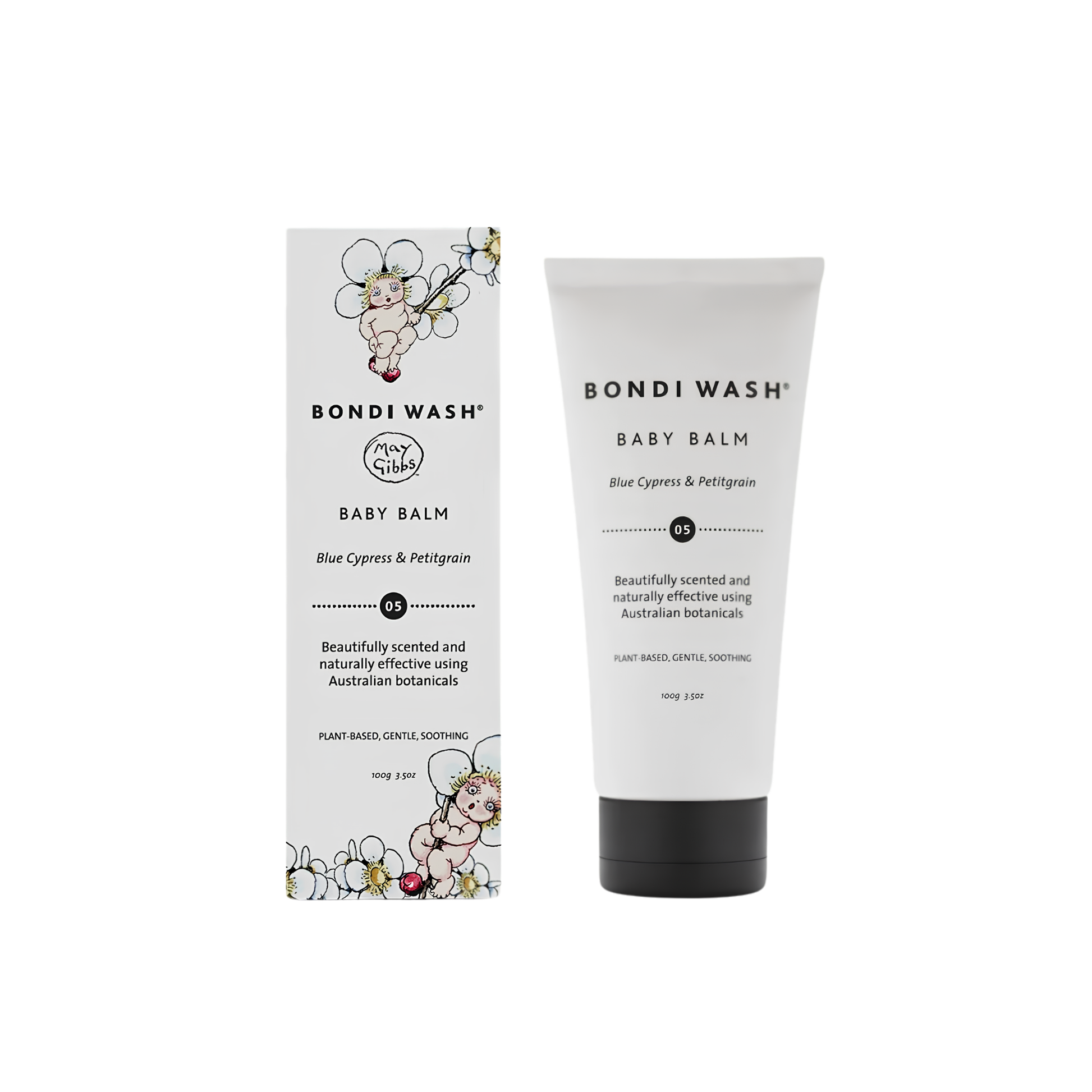 Bondi Wash Baby Balm shown with its retail box and squeeze tube on a plain white background. The packaging features a white design with black text and delicate floral illustrations.