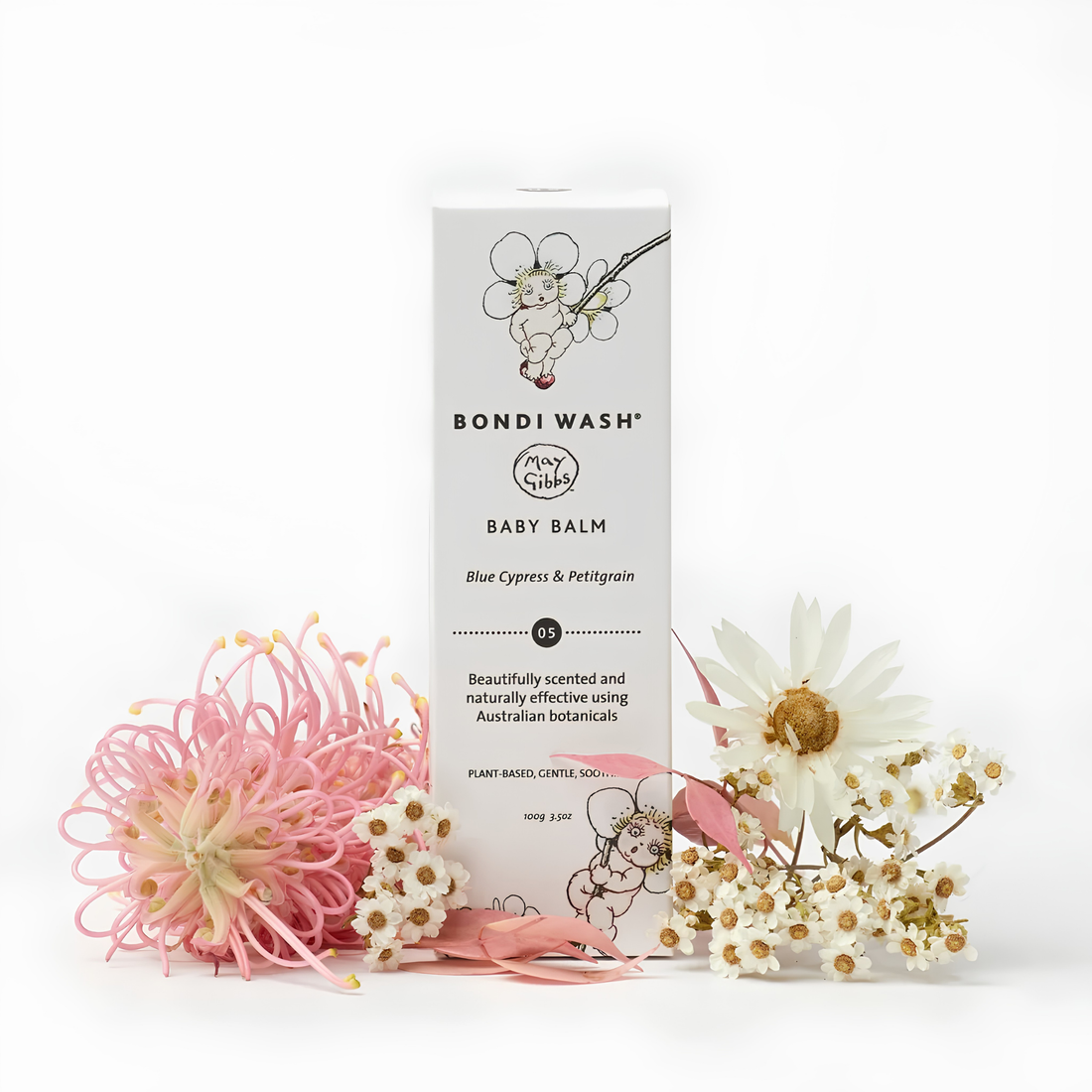 Bondi Wash Baby Balm shown with its retail box and squeeze tube on a plain white background. The packaging features a white design with black text and delicate floral illustrations.