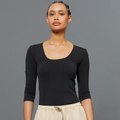 Black BeGood ¾ sleeve shaping top for women, showcasing fitted design and smooth fabric, ideal for flattering casual or office wear.