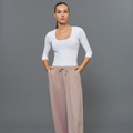 BeGood ¾ sleeve shaping top in white, close-up of smooth, fitted beauty clothing design with ¾ length sleeves.