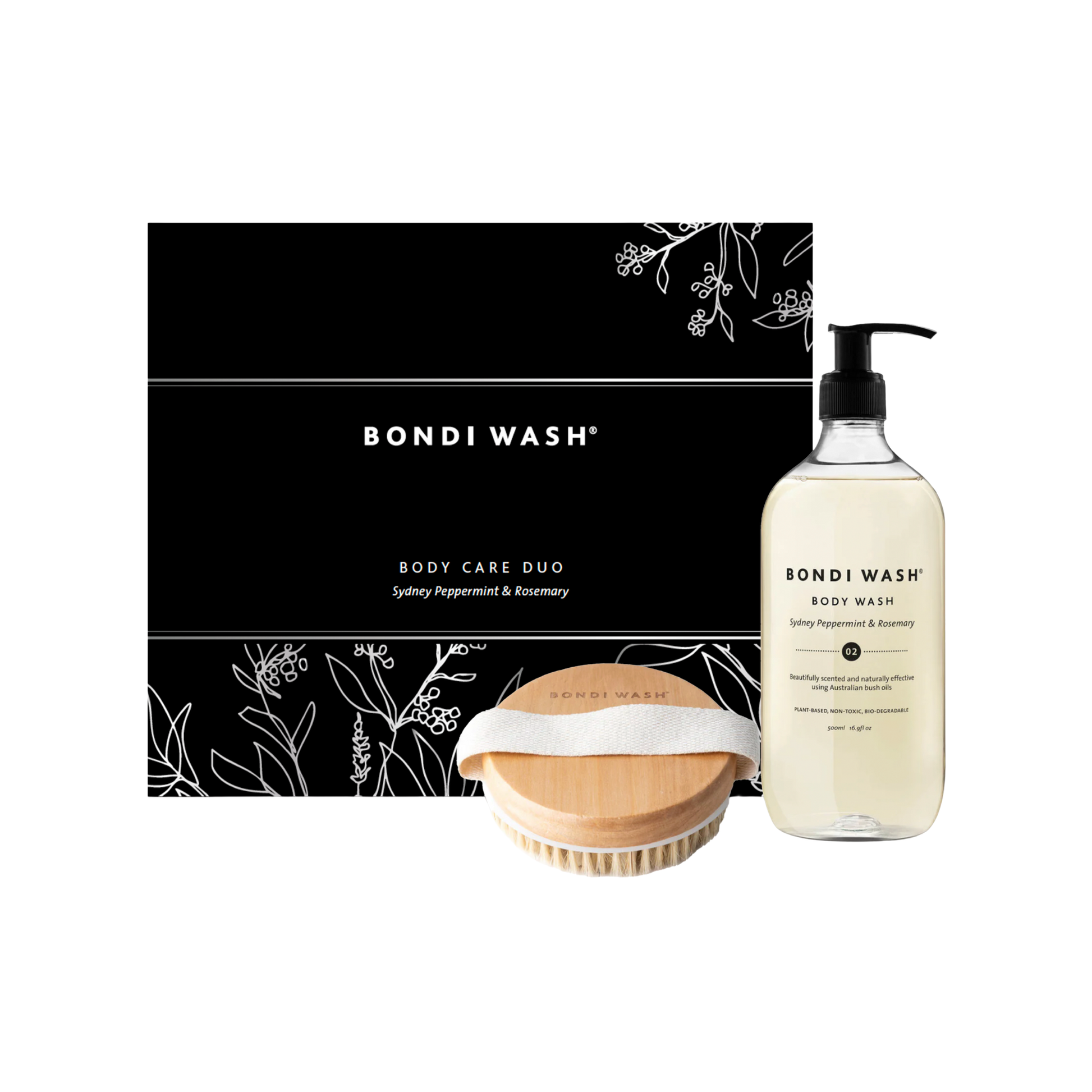 Bondi Wash body care duo with a black box, wooden bowl, and body wash bottle on a white background.