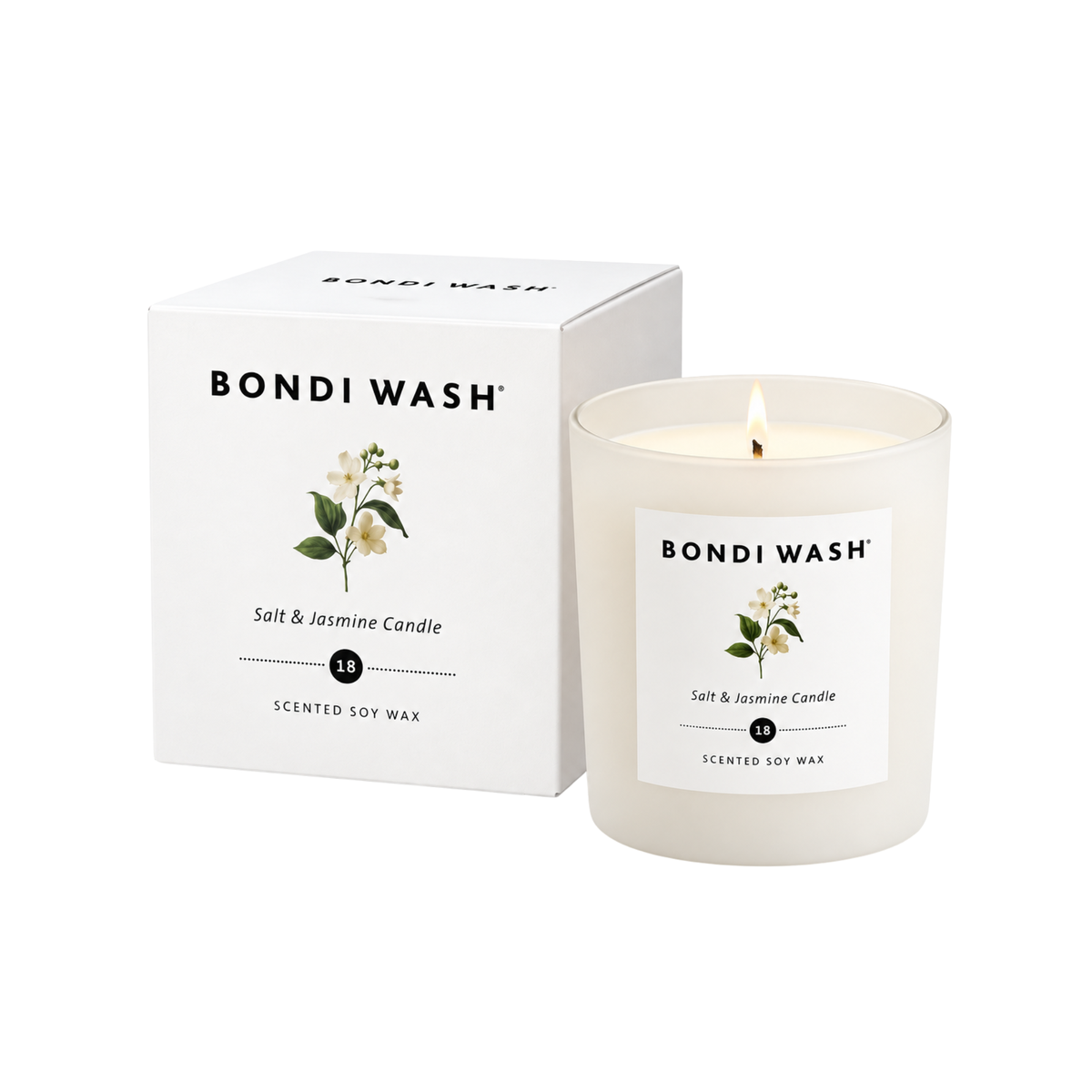Bondi Wash scented soy wax candle with salt jasmine fragrance, featuring a sleek jar and natural candle wick.