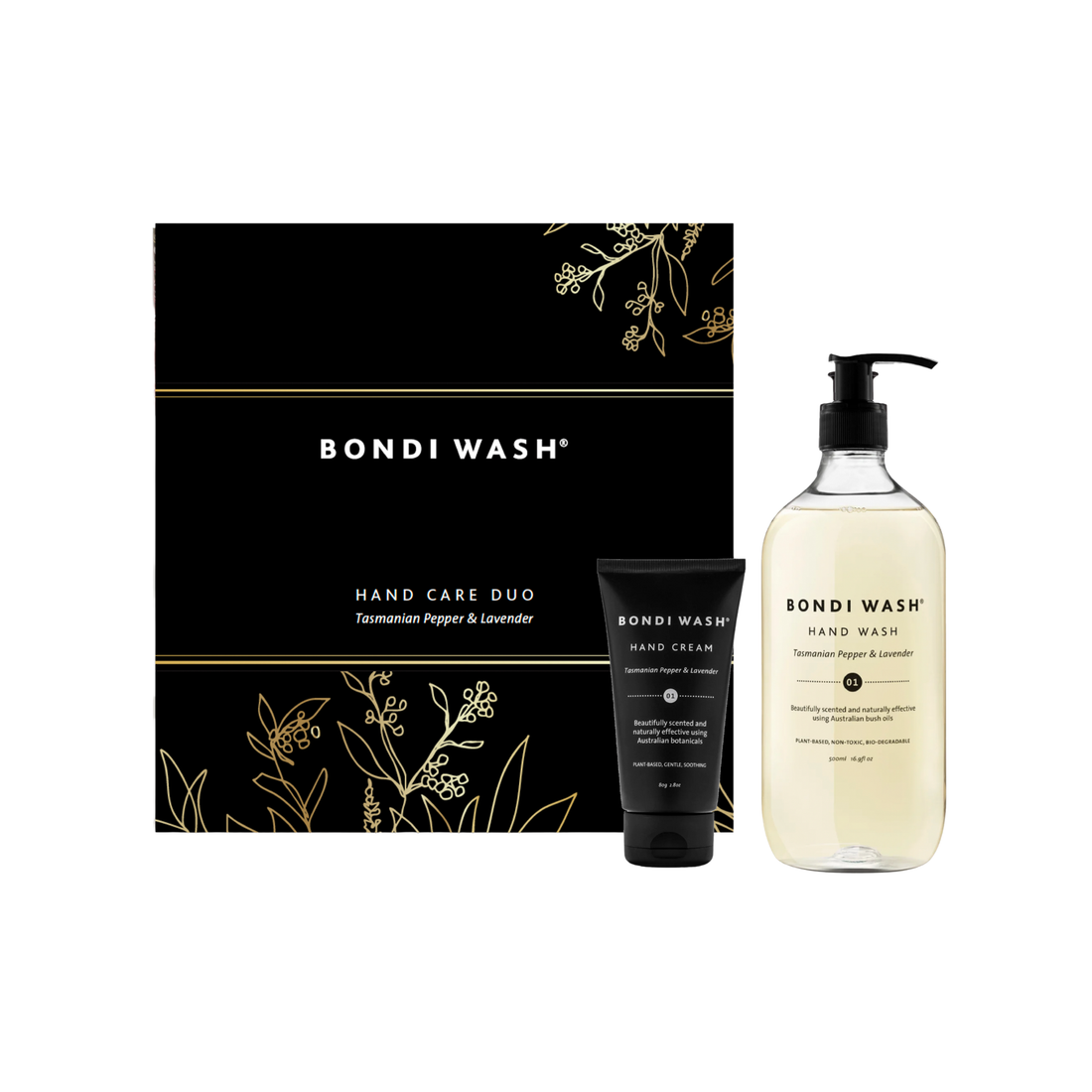Bondi Wash hand care duo with hand wash and cream in front of a black box packaging.