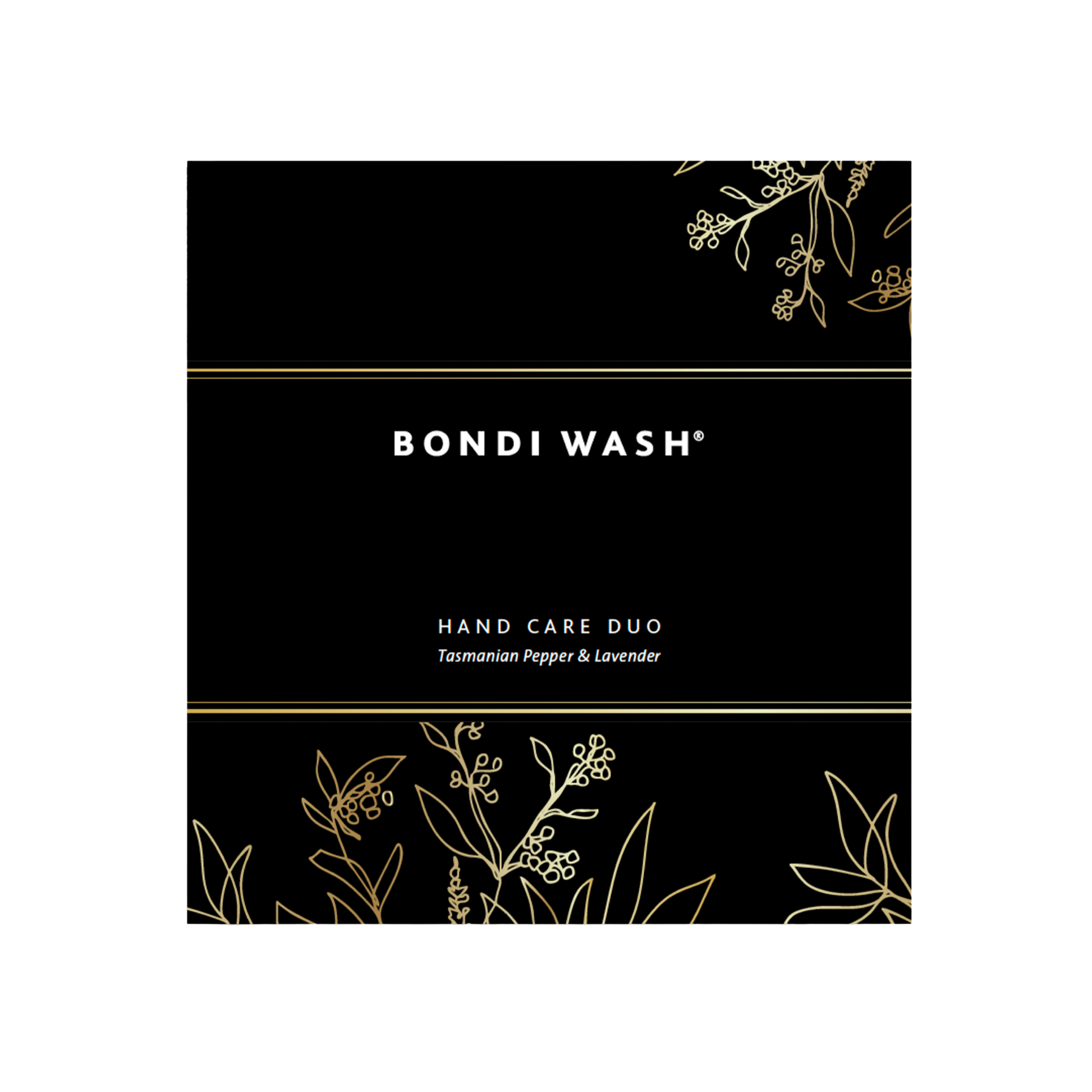 Black packaging of Bondi Wash Hand Care Duo with gold accents and botanical designs.