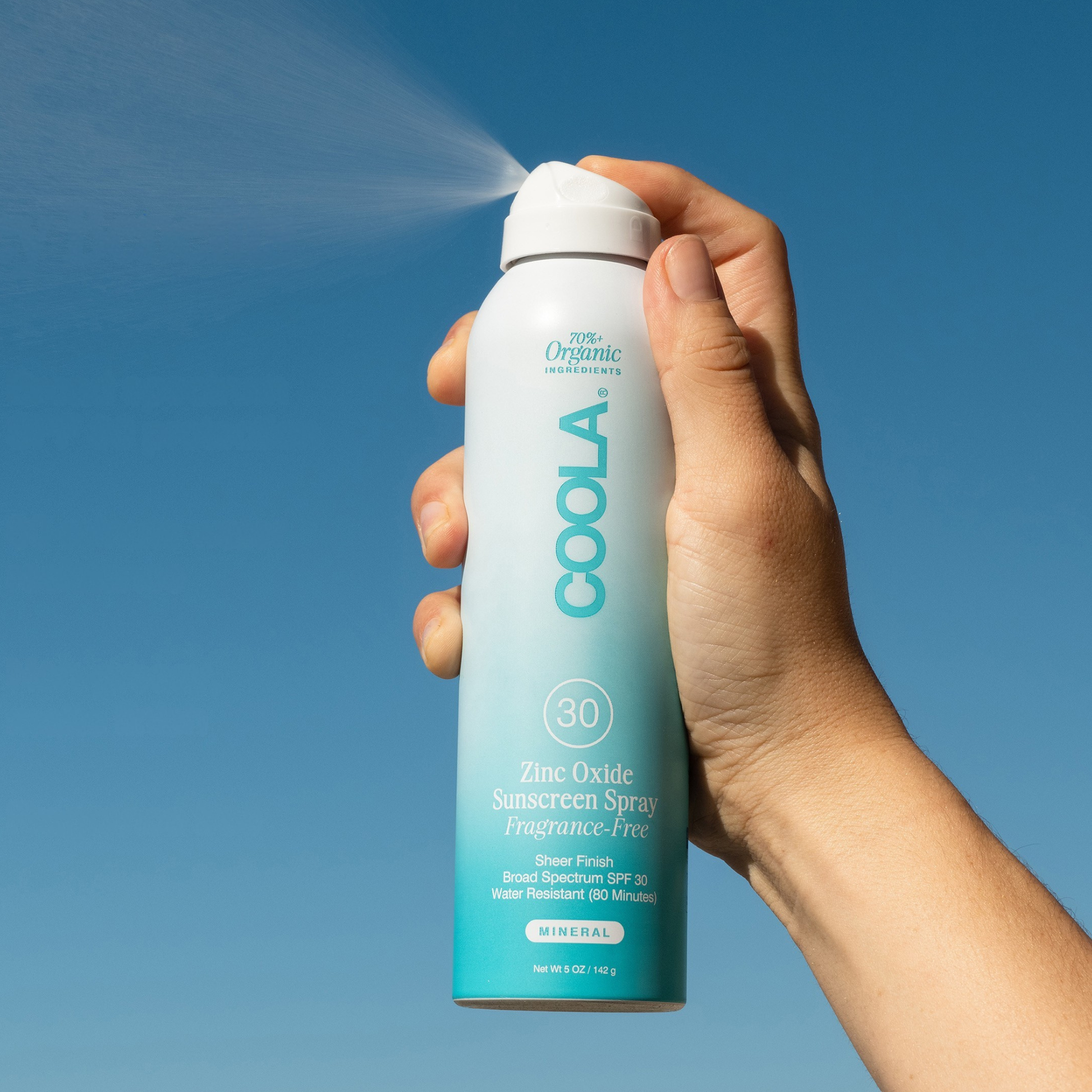 Coola Zinc Oxide Sunscreen Spray SPF30 from Coola Suncare, fragrance-free, showing the spray bottle with UV protection label.