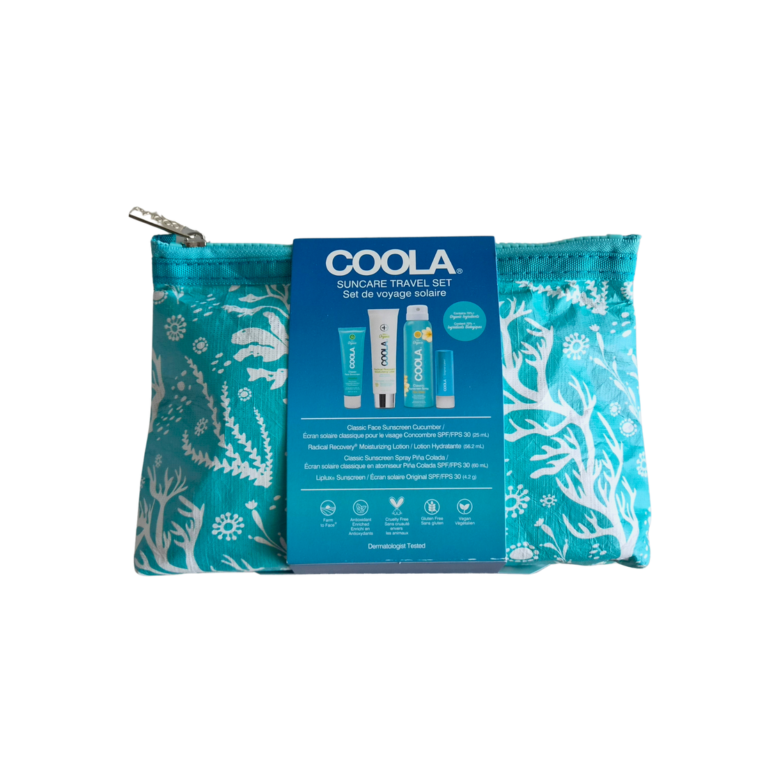 Coola Suncare Organic Sunscreen Travel Set with small bottles of natural sun protection products.