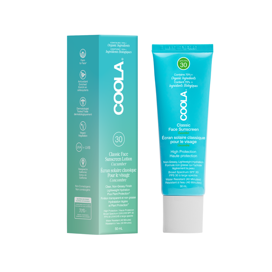 COOLA Classic Fair Sunscreen Lotion SPF 30 cucumber tube and matching box in a bright turquoise blue color, shown on a plain white background.