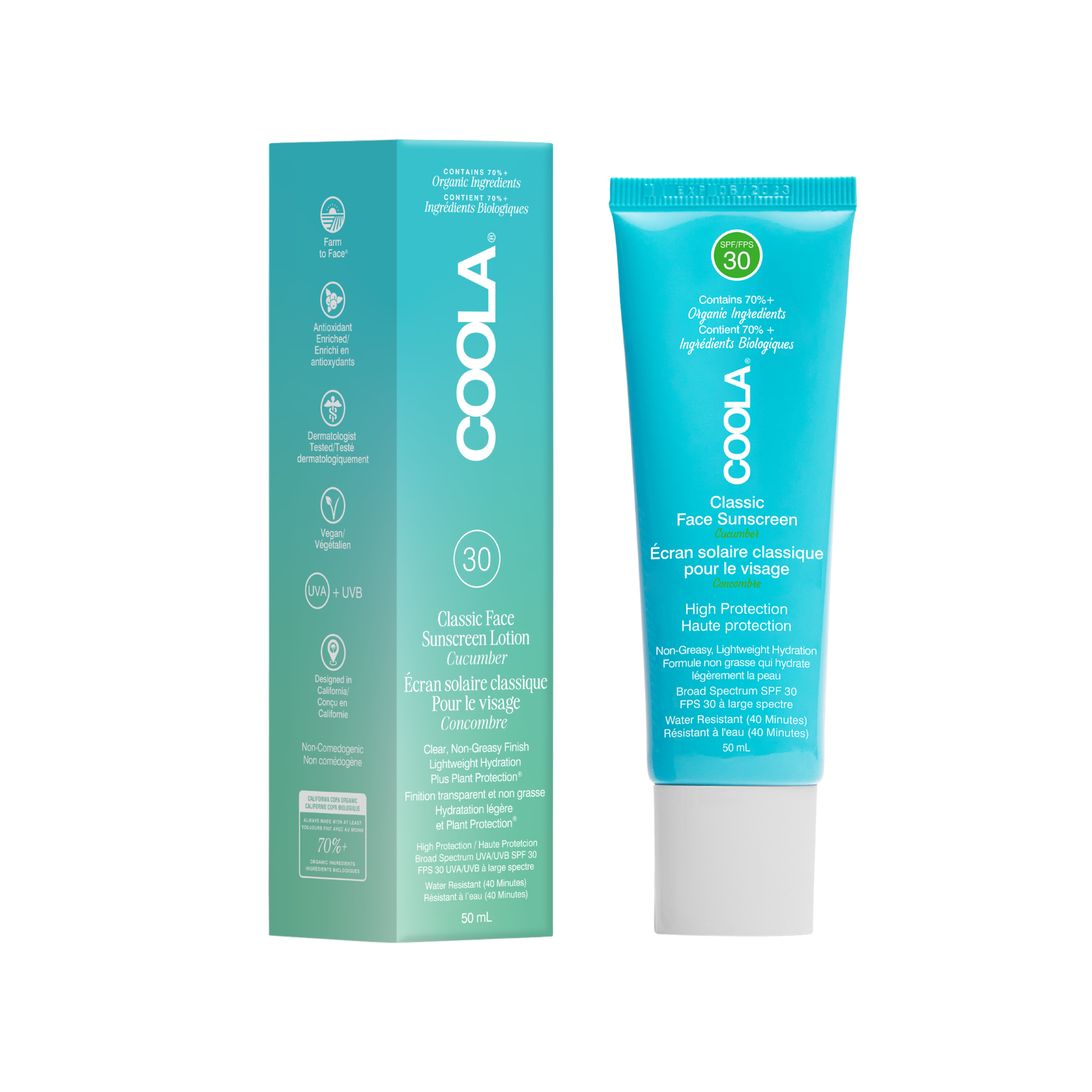 COOLA Classic Fair Sunscreen Lotion SPF 30 cucumber tube and matching box in a bright turquoise blue color, shown on a plain white background.