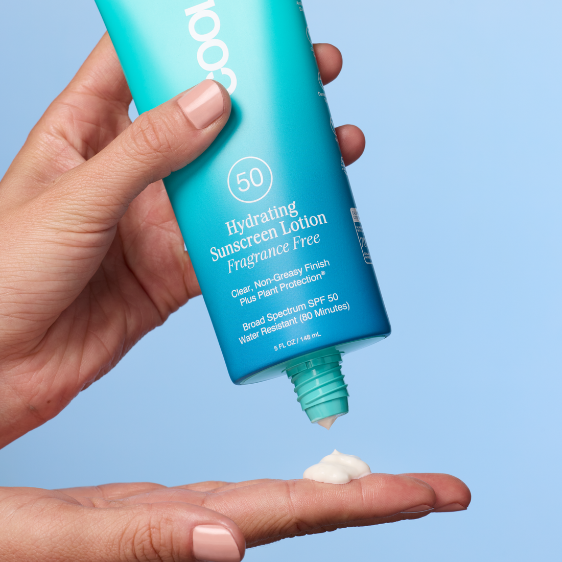 Coola Hydrating Sunscreen Lotion SPF50, fragrance-free, in a white bottle with a pump dispenser, designed for skin hydration and sun protection.