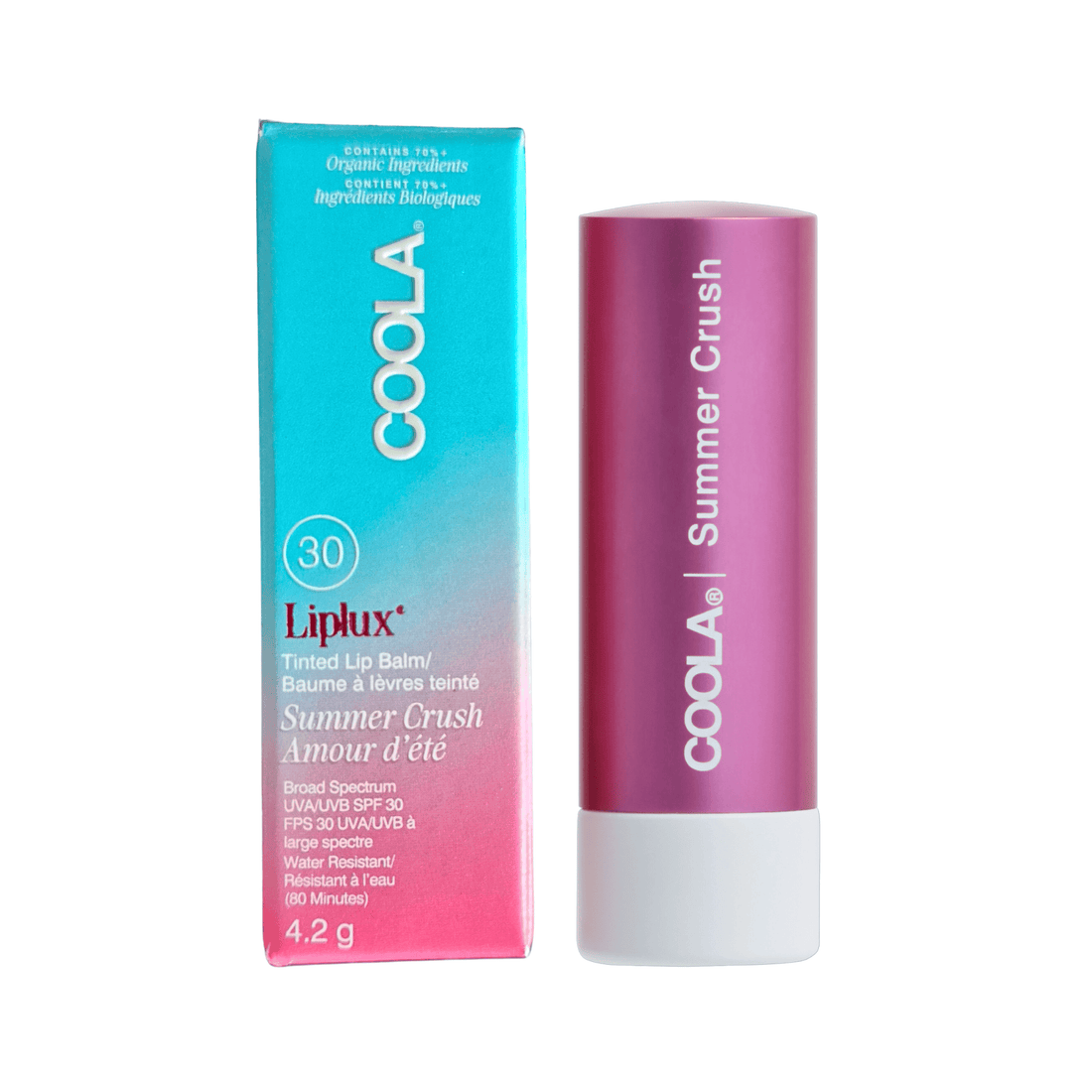 COOLA Liplux Summer Crush tinted lip balm SPF 30 in a pink tube next to its blue and pink packaging box, on a white background.