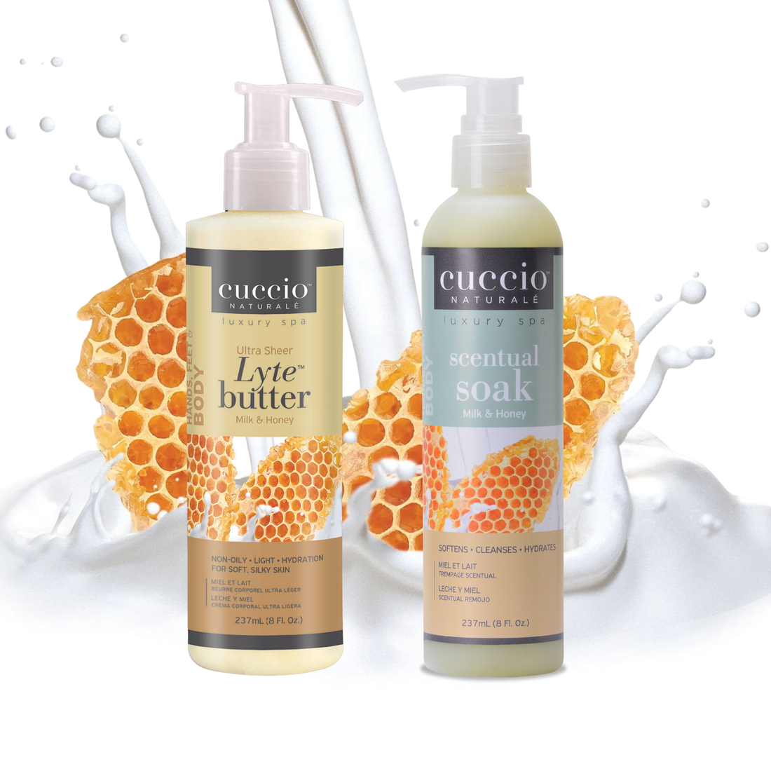 Two bottles of Cuccio Naturals body products with honeycomb design on a white background