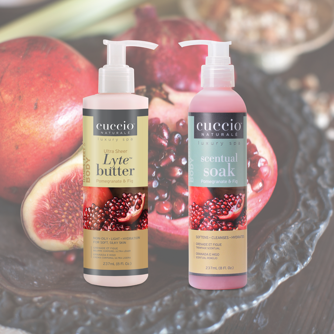 Two bottles of Cuccio Naturale products with pomegranate and figs in the background.