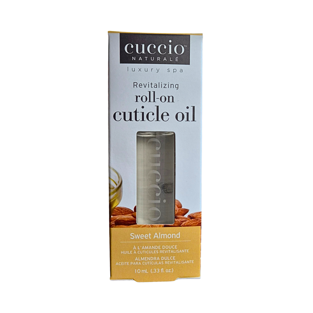 Cuccio Naturale Sweet Almond Revitalizing Roll-on Cuticle Oil in its original packaging box, featuring a silver cylindrical tube visible through a clear window, with almond illustrations and a light blue background.