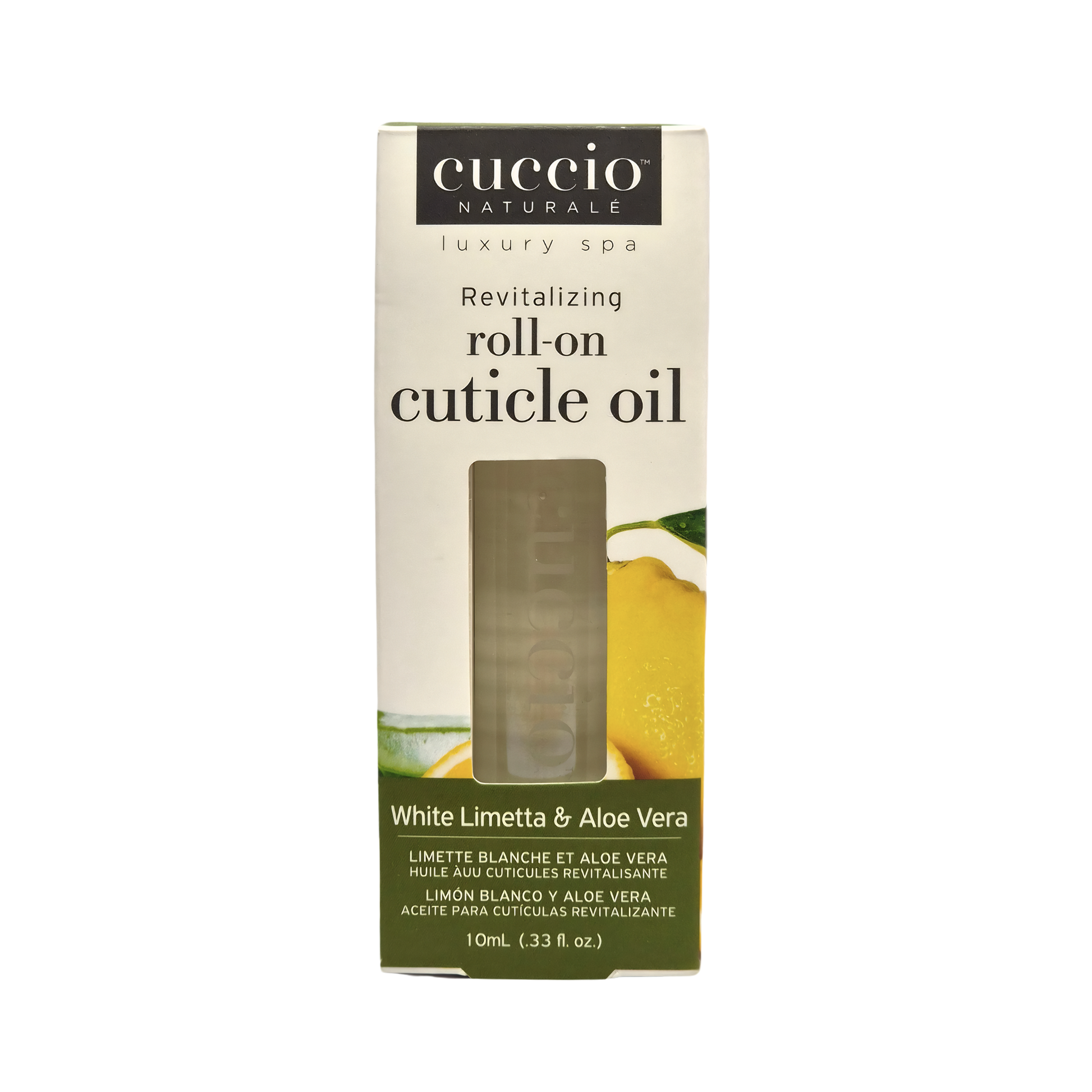 Cuccio Naturalé revitalizing roll-on cuticle oil with white limetta and aloe vera in a 10ml bottle for nourishing cuticles.