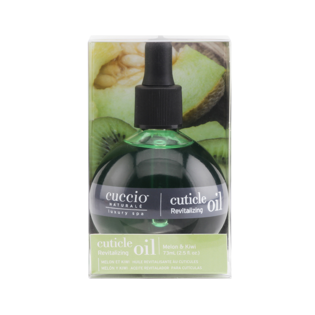 Cuccio cuticle oil packaging with kiwi fruit images on a white background