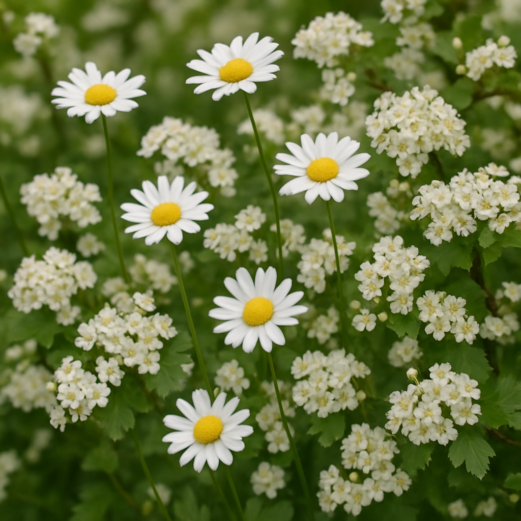 hawthorn and wild daisy blossoms in a field of green leaves