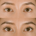 Close-up of a person's eyes with a Eco by Sonya Driver Mitzi Mascara before and after comparison.