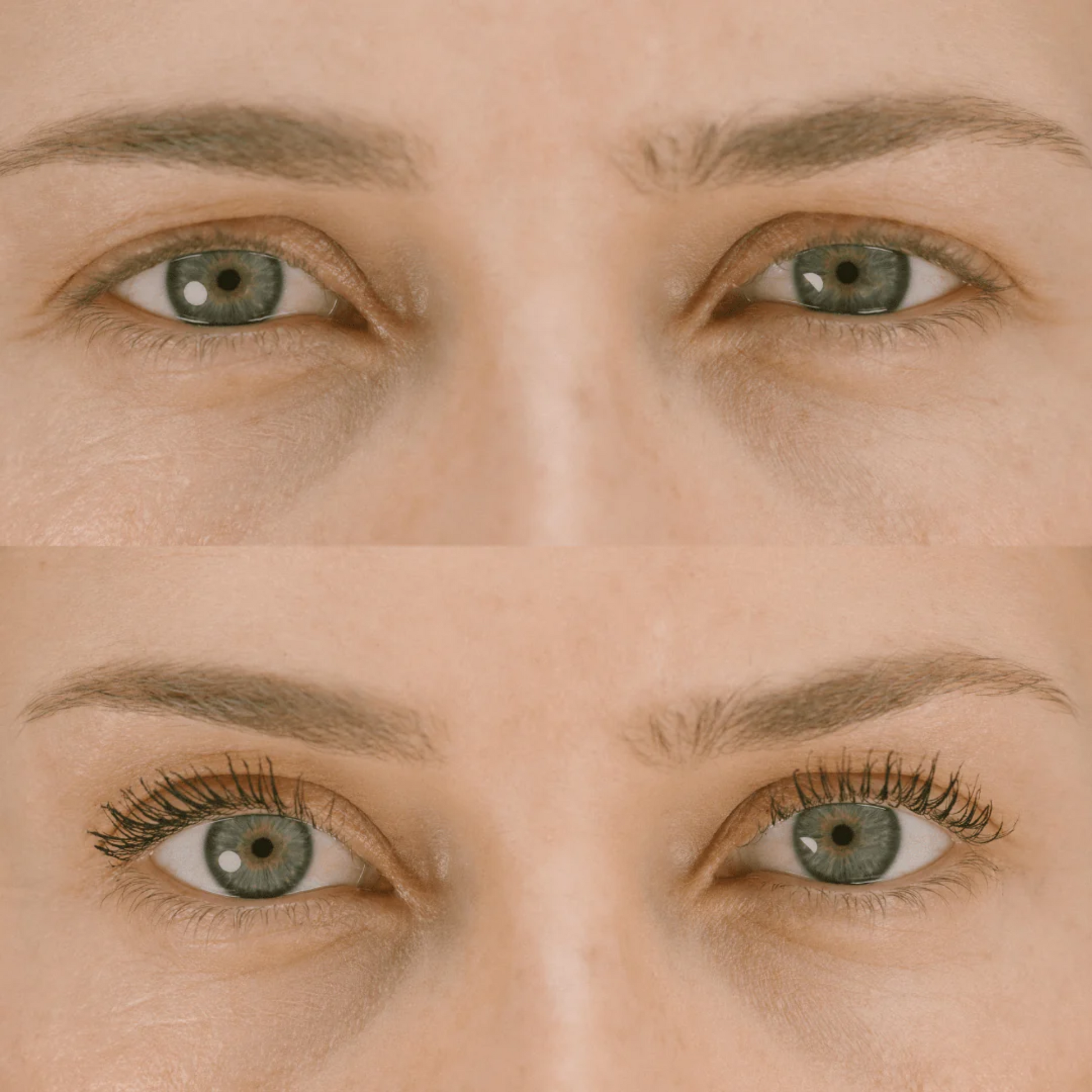 Close-up of a person's eyes with a Eco by Sonya Driver Mitzi Mascara before and after comparison.
