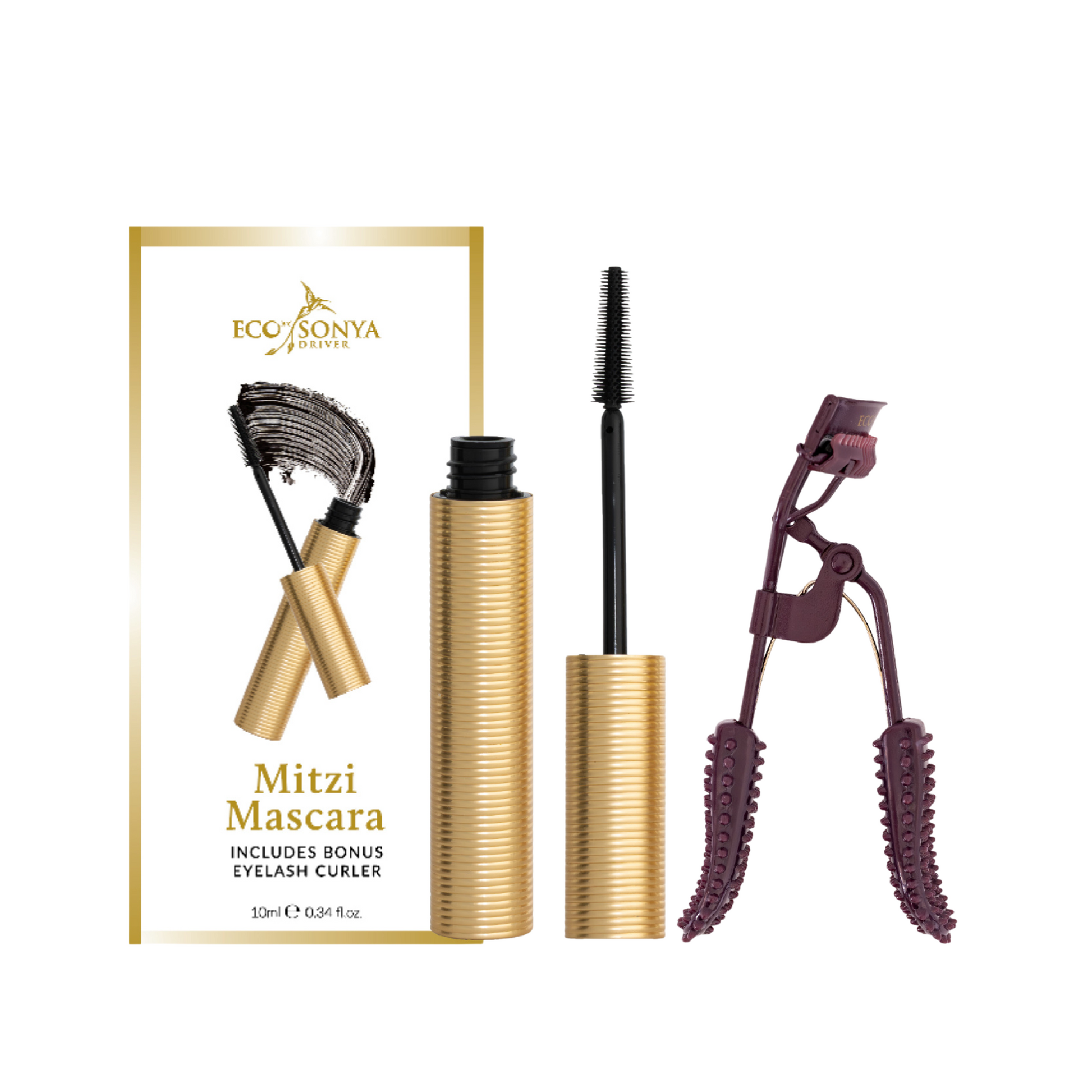 Ecco Sonya Mitzi Mascara with eyelash curler on a white background