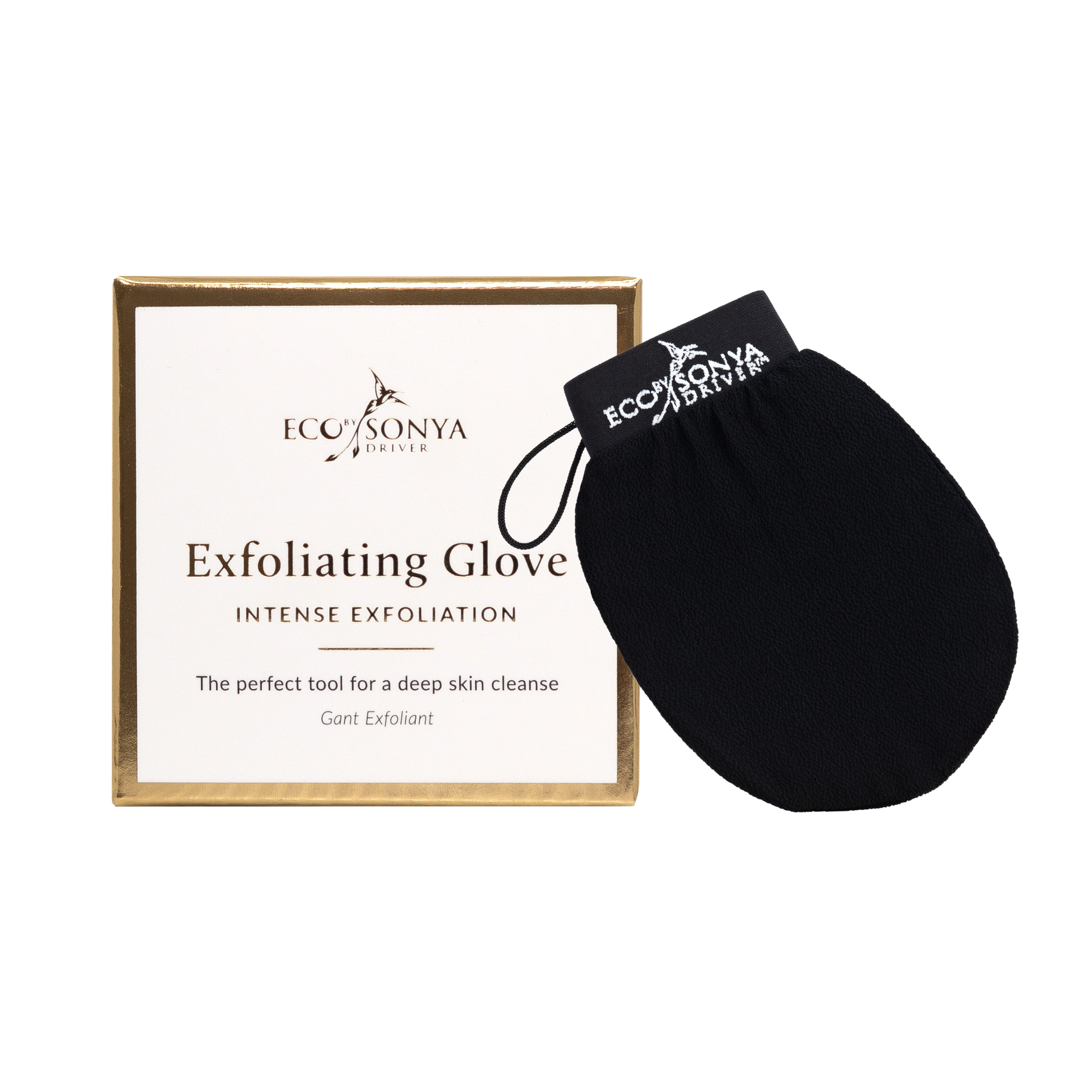 EcoSonya Exfoliating Glove next to its gold-framed packaging box on a white background.