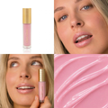 A four-panel collage showcasing a pink lip gloss Eco by Sonya Glory Gloss Candy 21. The top-left panel shows the gloss tube with a gold cap on a white background.