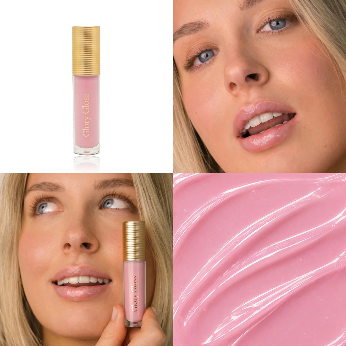 A four-panel collage showcasing a pink lip gloss Eco by Sonya Glory Gloss Candy 21. The top-left panel shows the gloss tube with a gold cap on a white background.