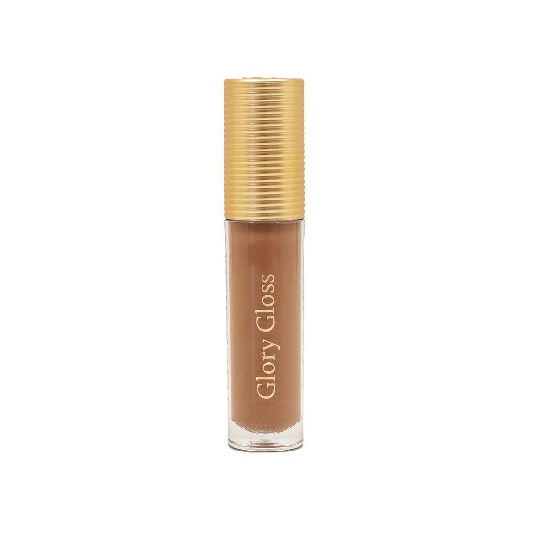 A tube of Eco by Sonya Glory Gloss liquid makeup in a warm medium brown shade called Maple 08, featuring a textured metallic gold cap and gold lettering on a clear container, set against a plain white background.