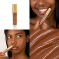 A four-panel collage showcasing a liquid Eco by Sonya Glory Gloss in Maple 08 color. The top-left panel shows the clear tube with a gold cap containing a medium brown gloss on a white background.