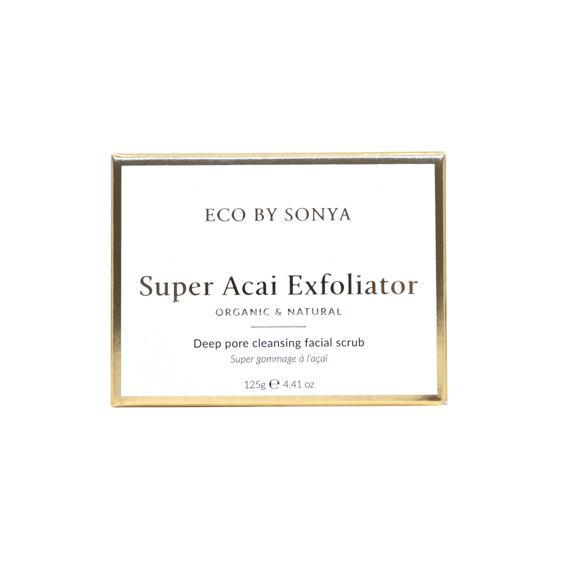 Eco by Sonya Driver Super Acai Exfoliator scrub with natural ingredients, featuring a jar of the skincare product with a vibrant label.