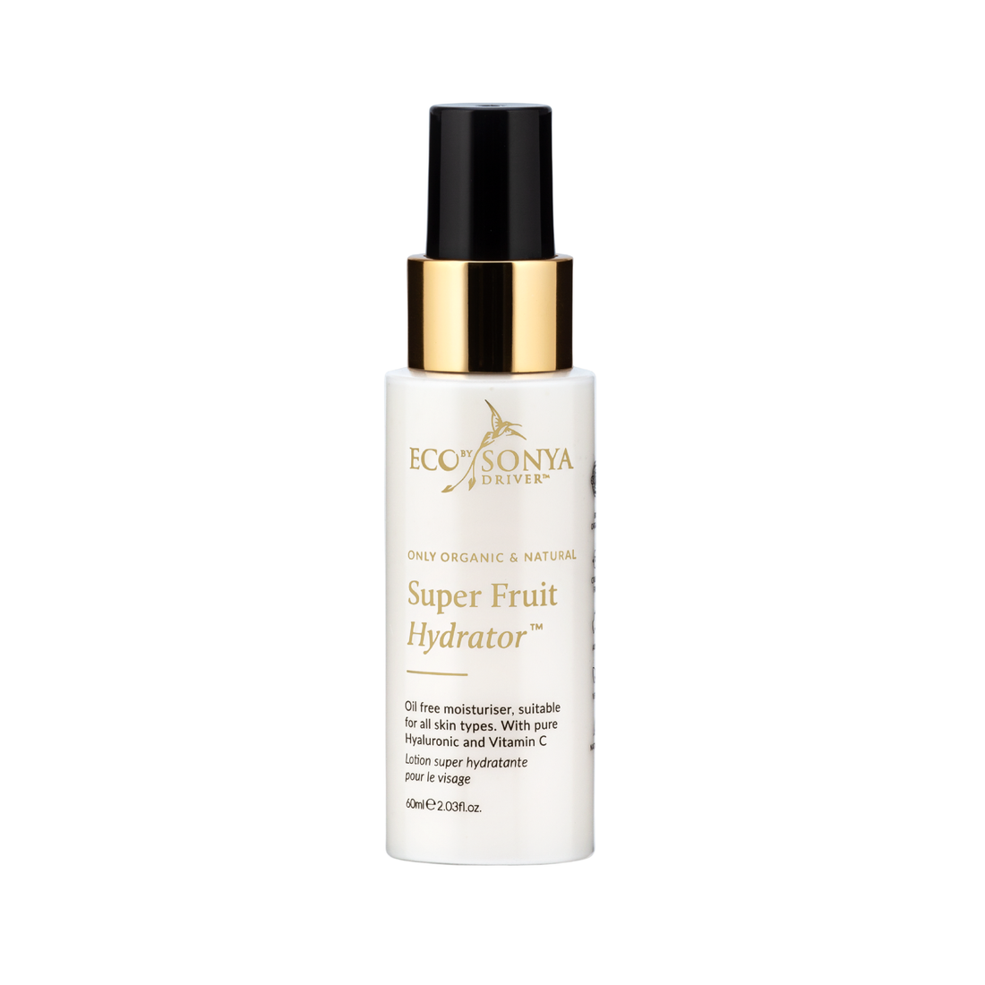 White bottle of Eco by Sonya Super Fruit Hydrator on a white background