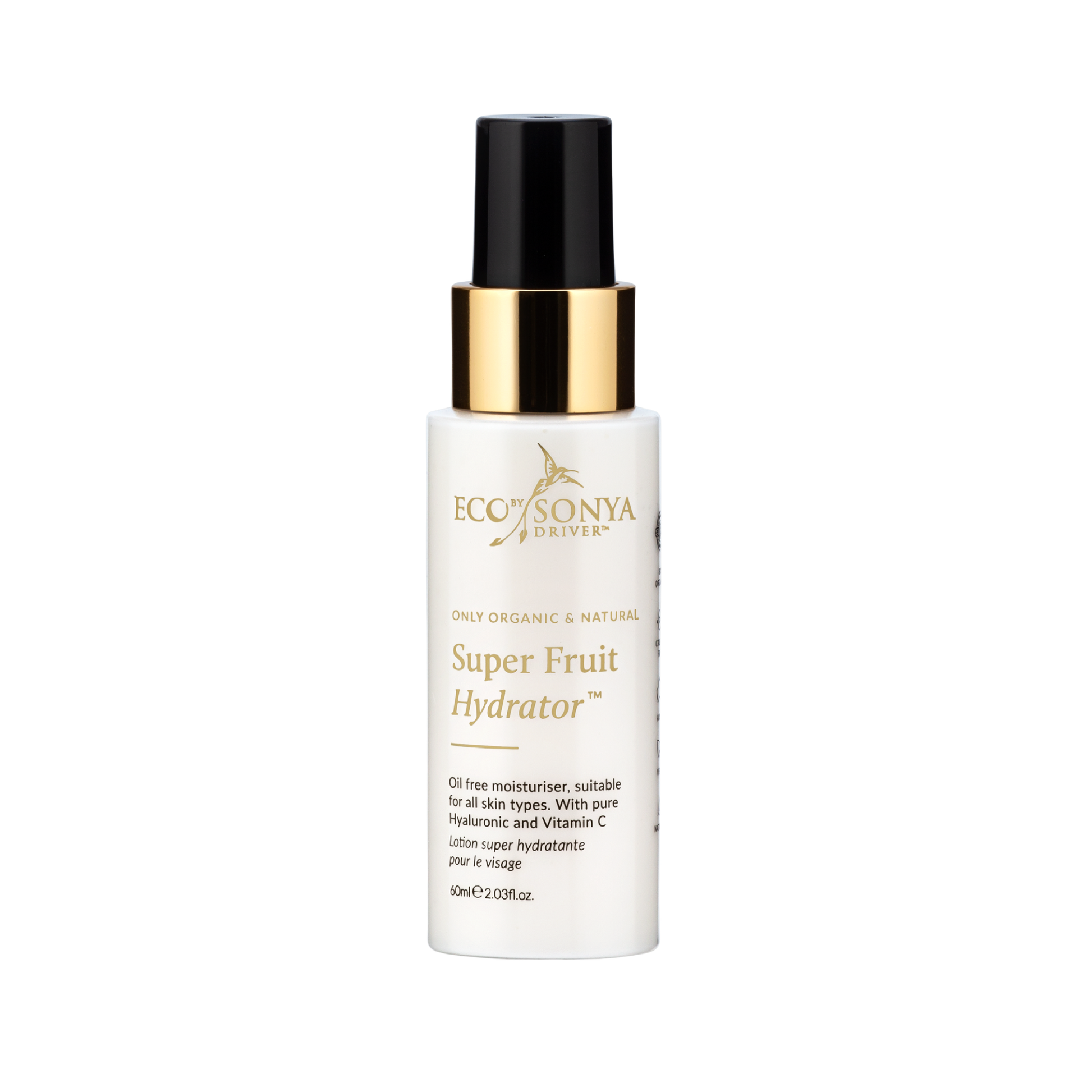 White bottle of Eco by Sonya Super Fruit Hydrator on a white background