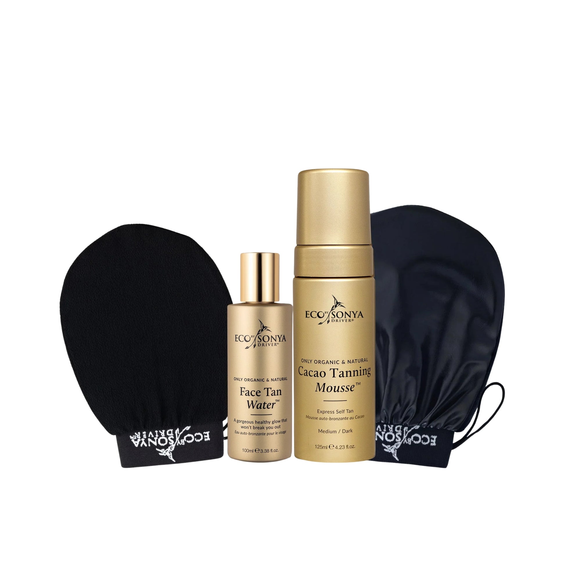 Eco-Sonya London Face Tan Set featuring a gold Cacao Tanning Mousse bottle, a gold Face Tan Water bottle, a black microfiber mitt, and a black drawstring pouch on a white background.