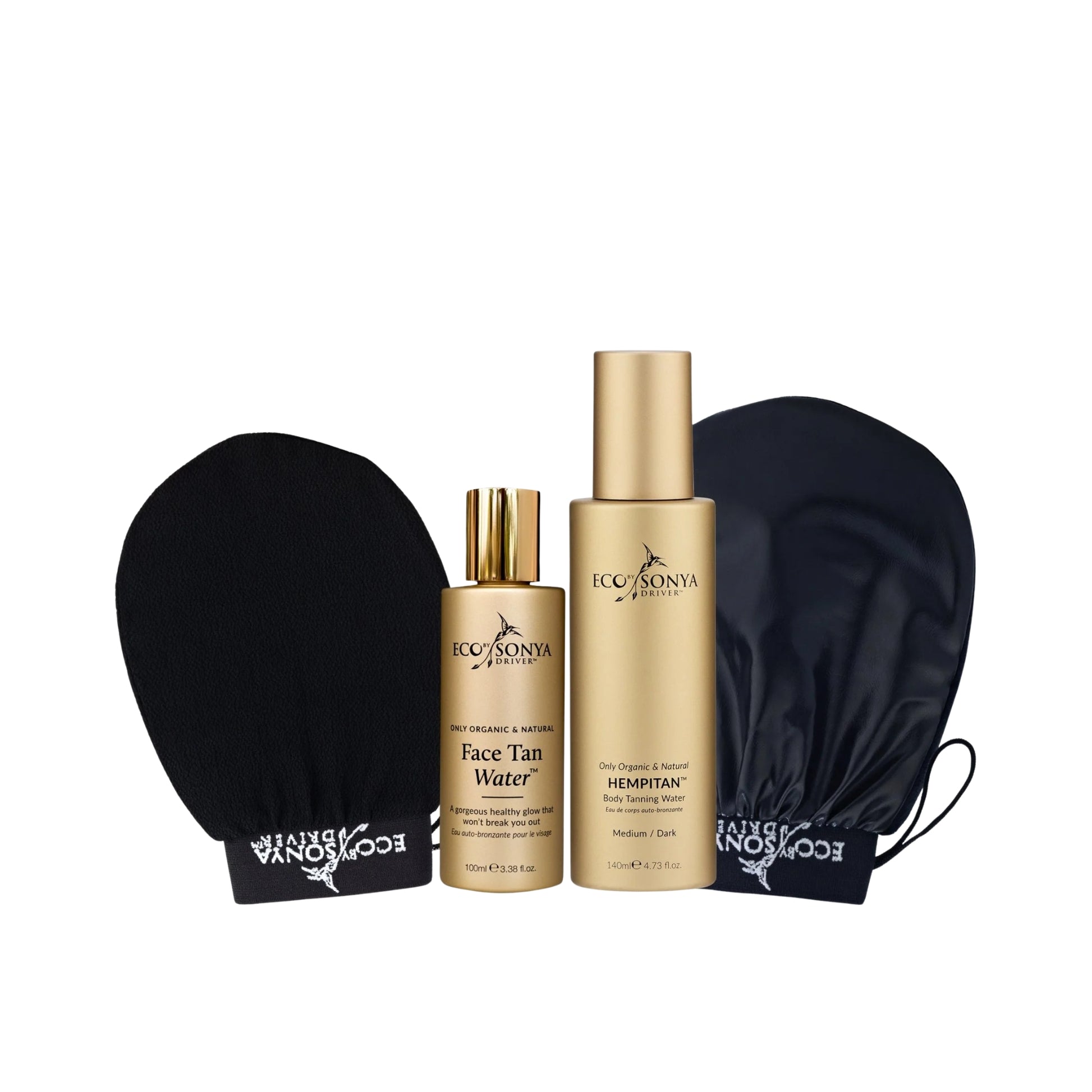 Eco-Sonya facial tan gift set featuring a gold Face Tan Water bottle, a gold Hemdtan bottle, and two black mitts with Eco-Sonya branding, arranged on a white background.