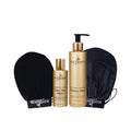 EcoSonia Skincare winter skin care set featuring a gold Face Tan Water bottle, a larger gold Winter Skin pump bottle, and two black mitts with EcoSonia branding, displayed on a clean white background.