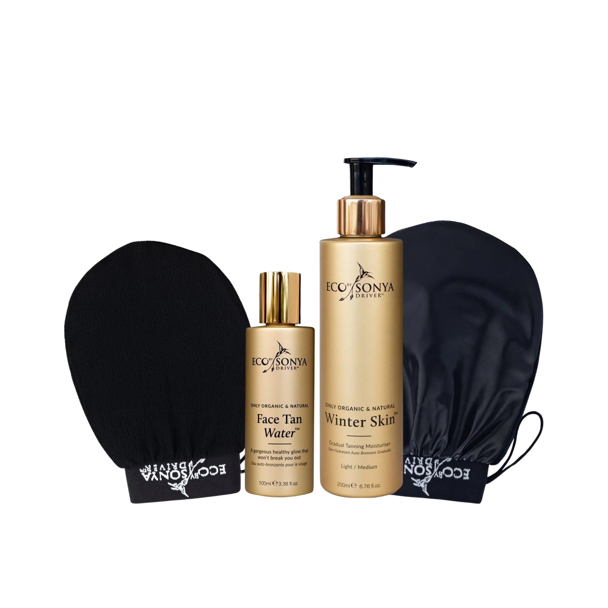 EcoSonia Skincare winter skin care set featuring a gold Face Tan Water bottle, a larger gold Winter Skin pump bottle, and two black mitts with EcoSonia branding, displayed on a clean white background.