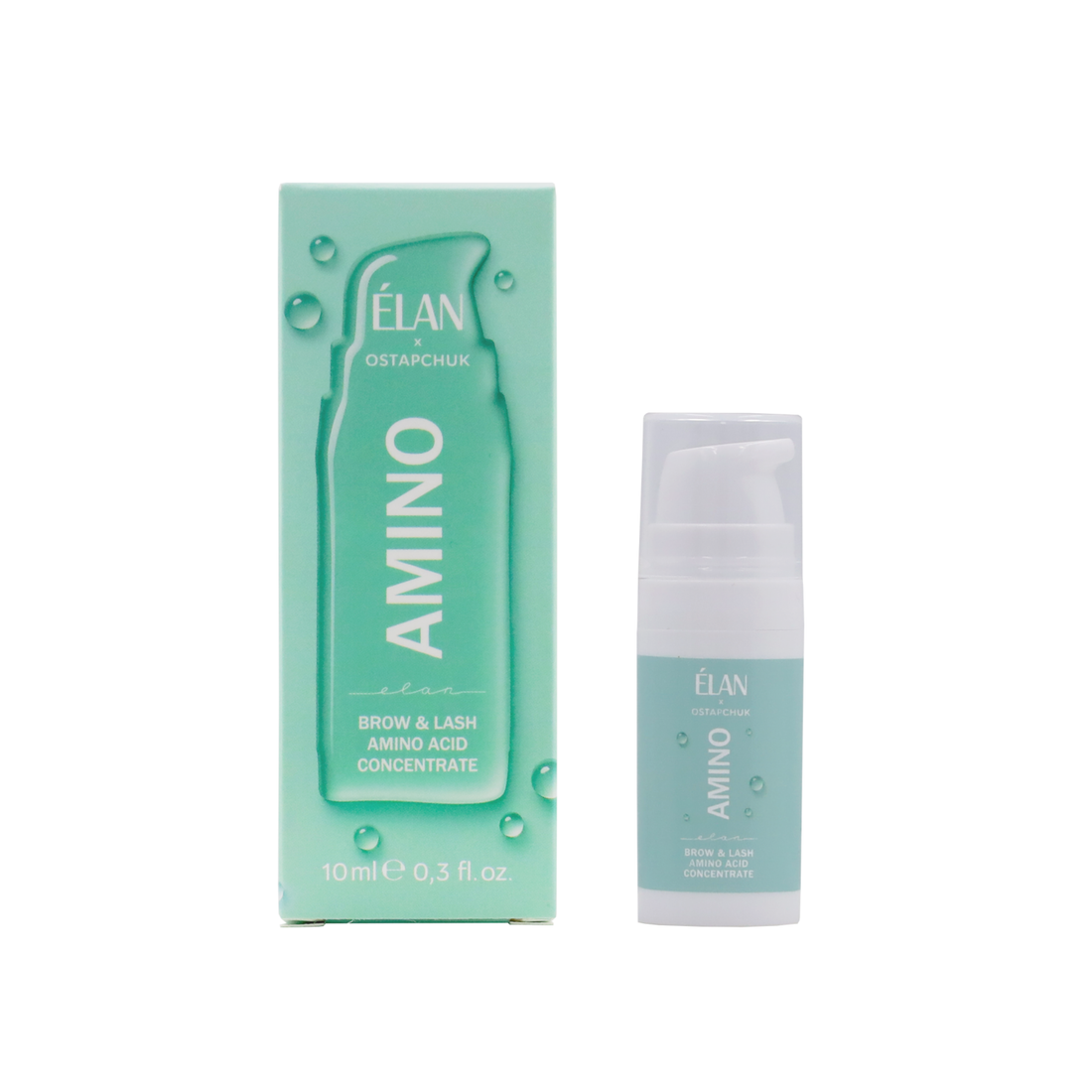 Close-up of Élan Cosmetics AMINO Brow & Lash Amino Acid Concentrate bottle with applicator brush, designed for lash and brow aftercare.