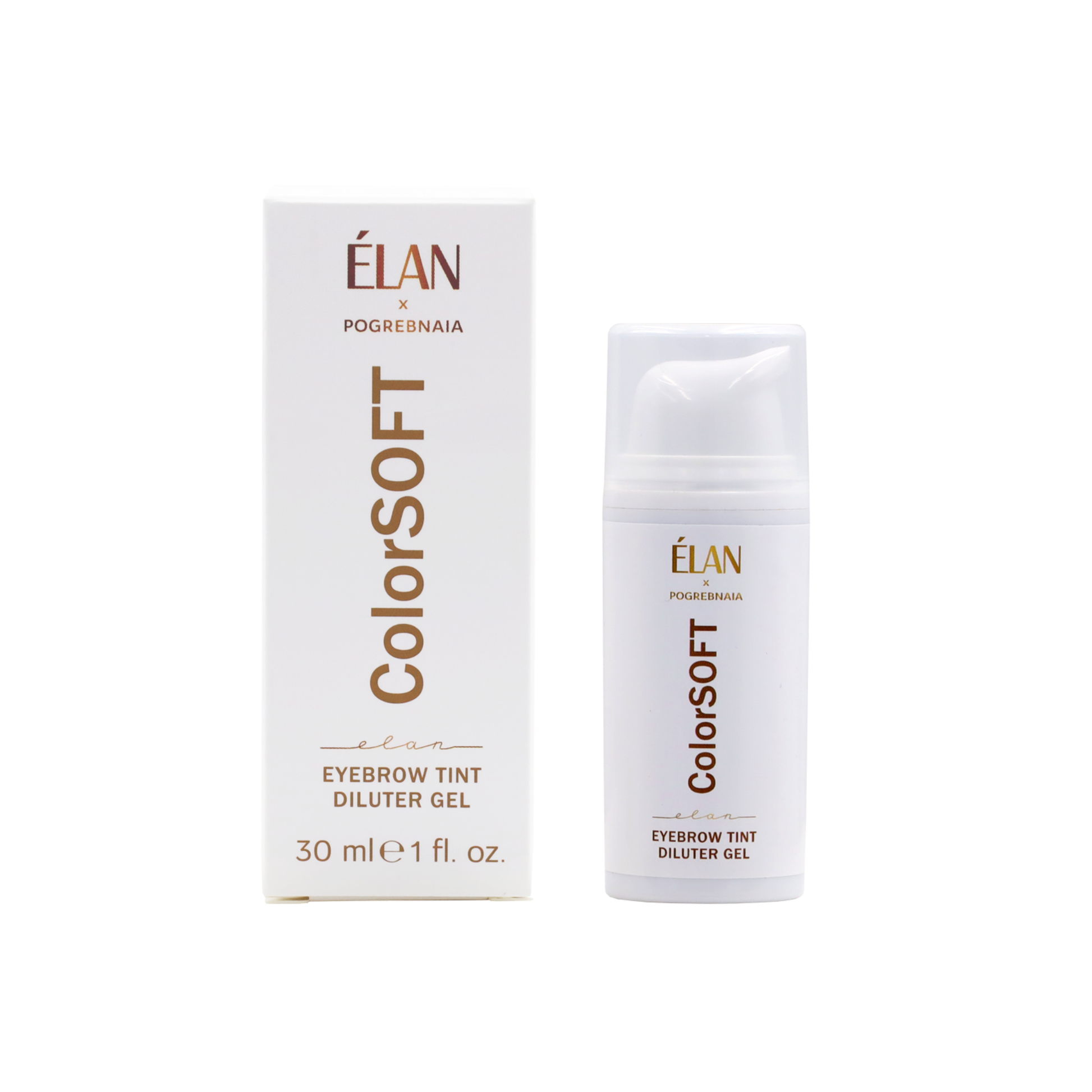 Élan ColorSOFT Eyebrow Tint Diluter Gel from Élan Cosmetics, used for lashes and brow lamination, shown in a clear container.
