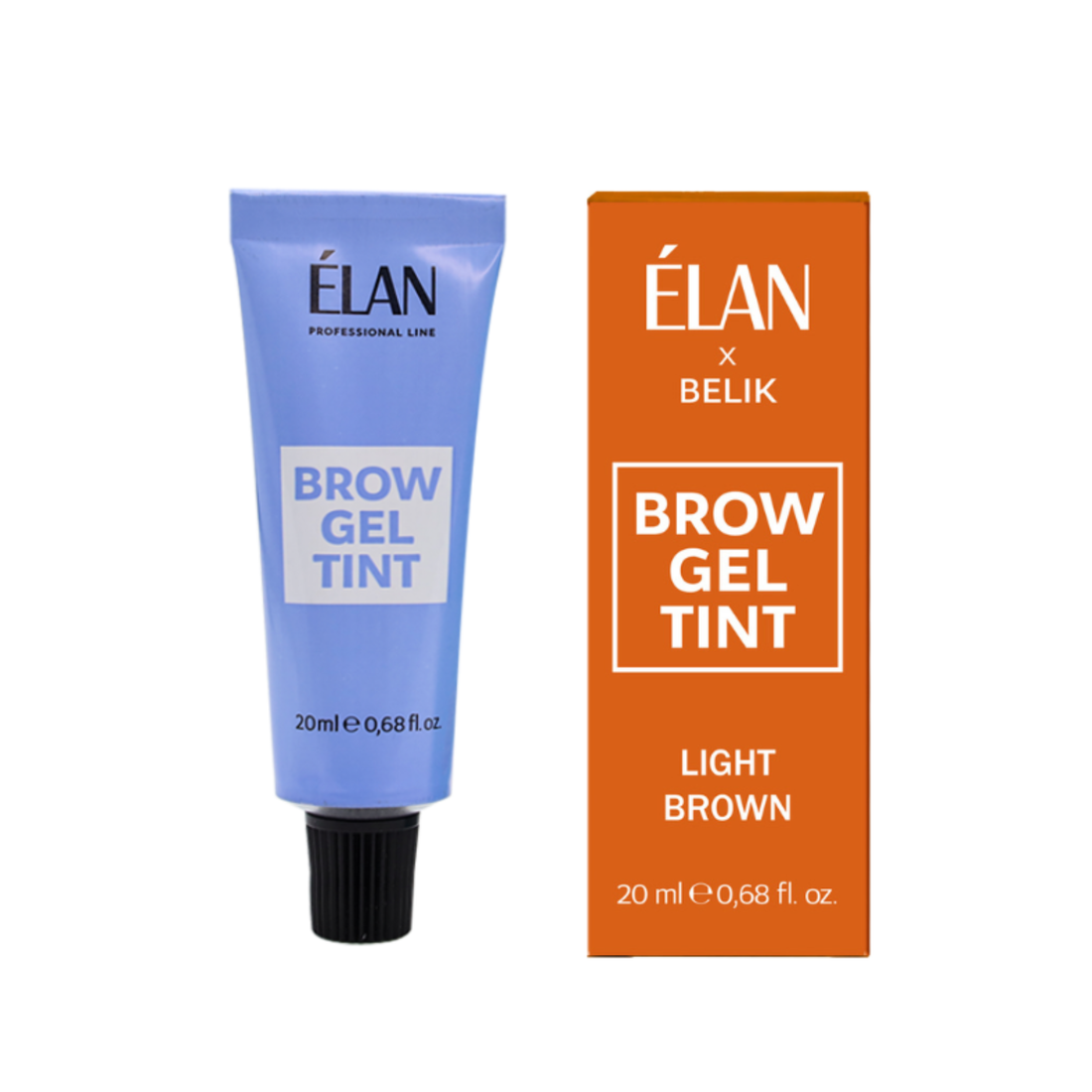 Light brown Élan Brow Gel Tint in a 20ml tube, designed for natural-looking tinted lashes and brows by Élan Cosmetics.