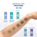 Elan brow gel tint swatches on a arm with color labels