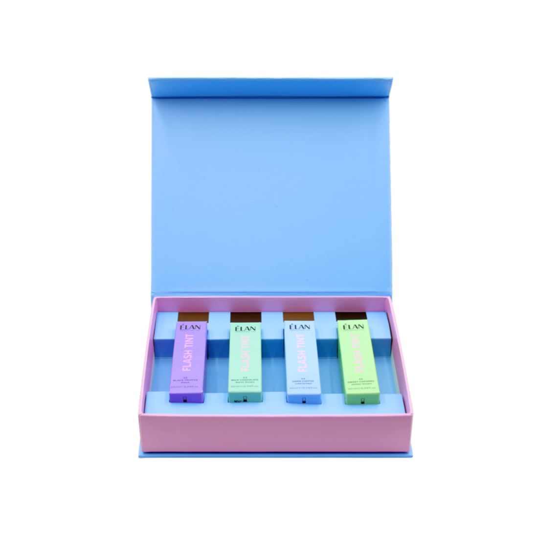Set of cosmetic tubes in a pink and blue box on a white background