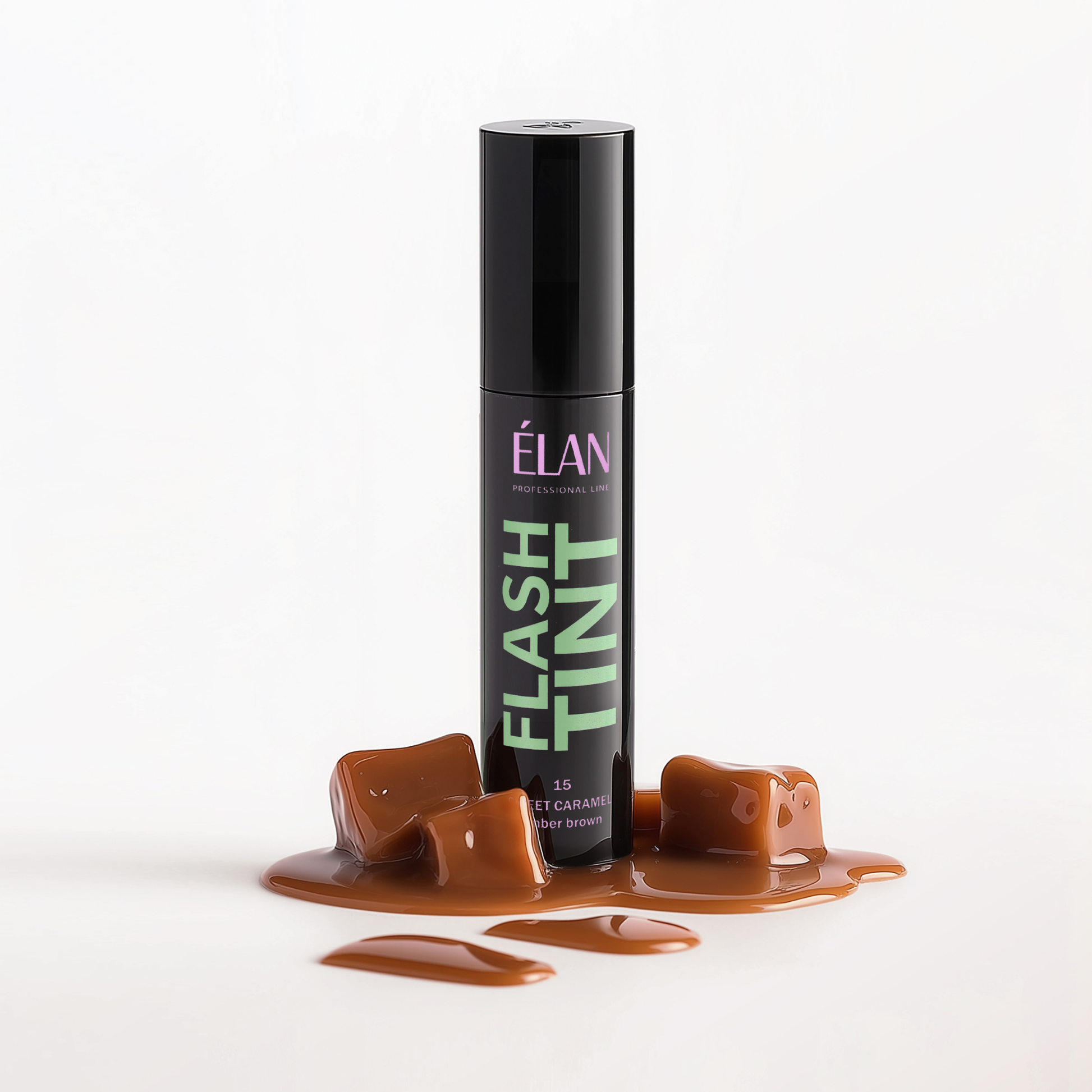 Elan Flash Tint bottle with brown color swatches on a white background