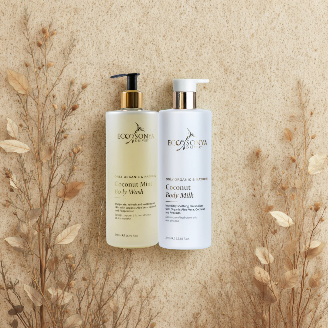 Two bottles of Eco by Soya coconut products on a textured beige background with dried plants.