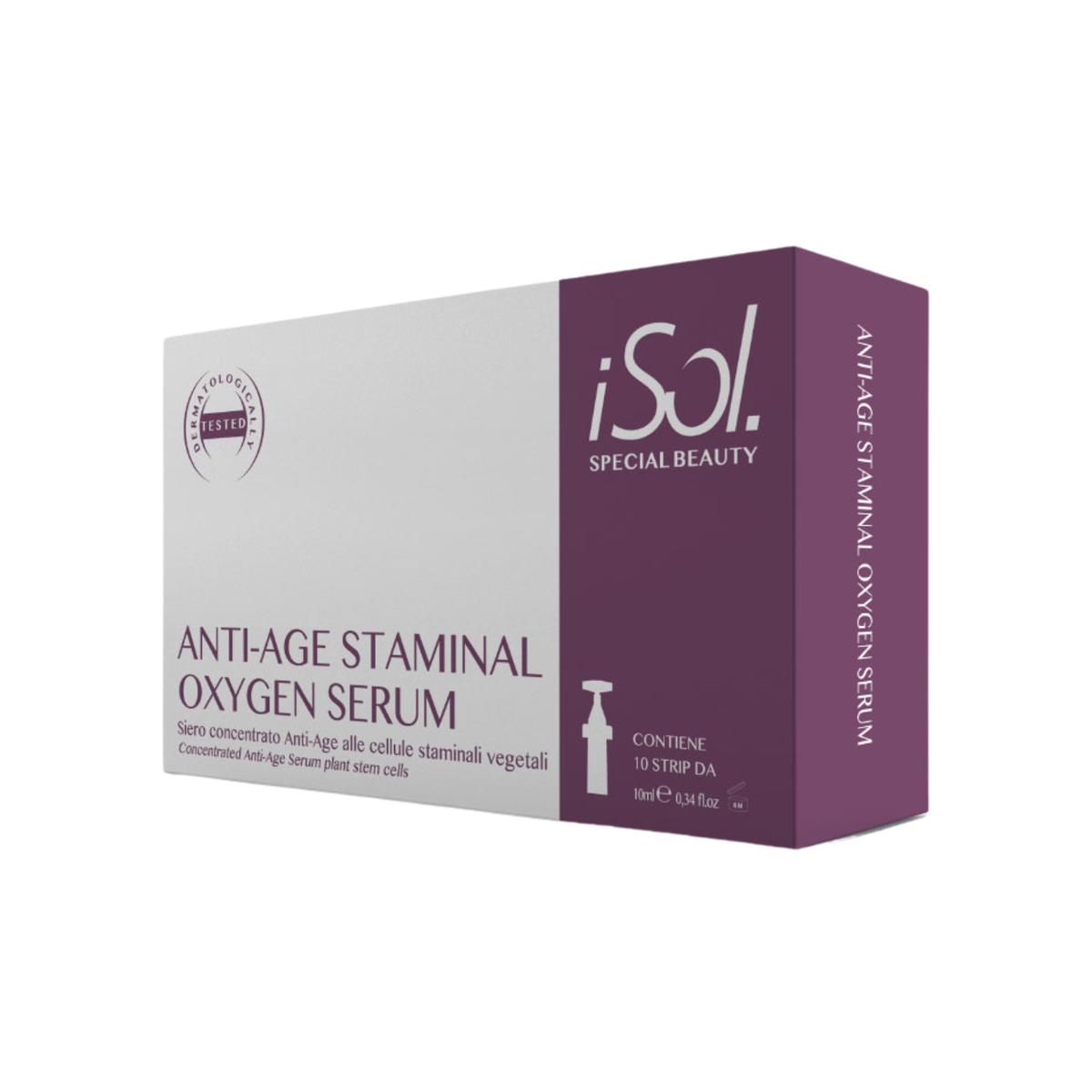 A rectangular product box for iSol Special Beauty Anti-Age Staminal Oxygen Serum, featuring a split design with a light gray left half and a deep purple right half, shown on a plain white background.