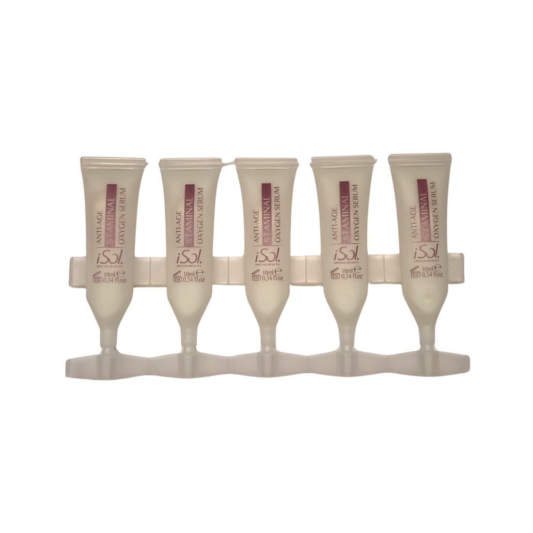 iSol.Beauty Anti-Age Staminal Oxygen Serum for skin care, featuring a clear glass bottle with a dropper applicator and white label.