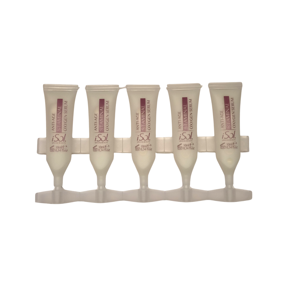 Five small cosmetic tubes in a clear plastic holder, labeled Anti-Age Collagen Serum by IS Clinical Skincare, on a plain white background.
