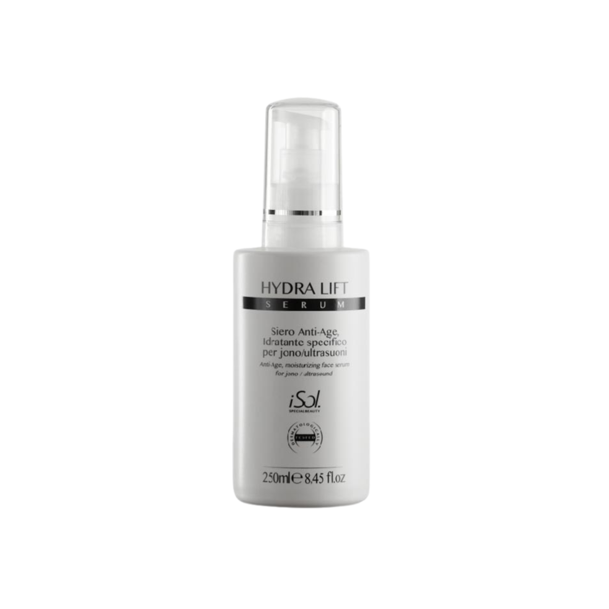 iSol.Beauty Hydra Lift Serum in a 250ml bottle, hydrating skin care product for anti-aging and skin lifting effects.