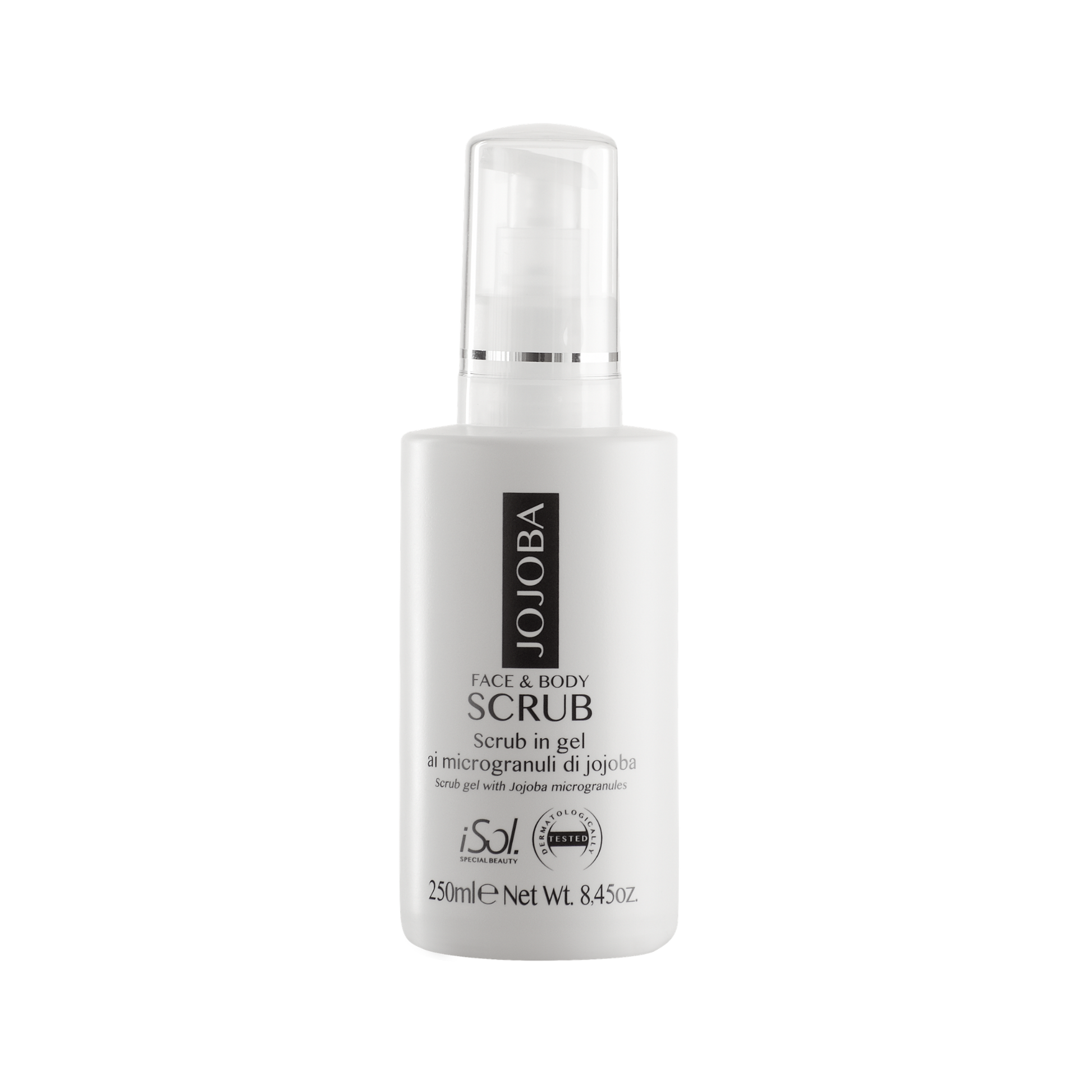 iSol.Beauty Jojoba Face & Body Scrub in 250ml container, showing the natural exfoliating scrub with jojoba beads and skincare ingredients