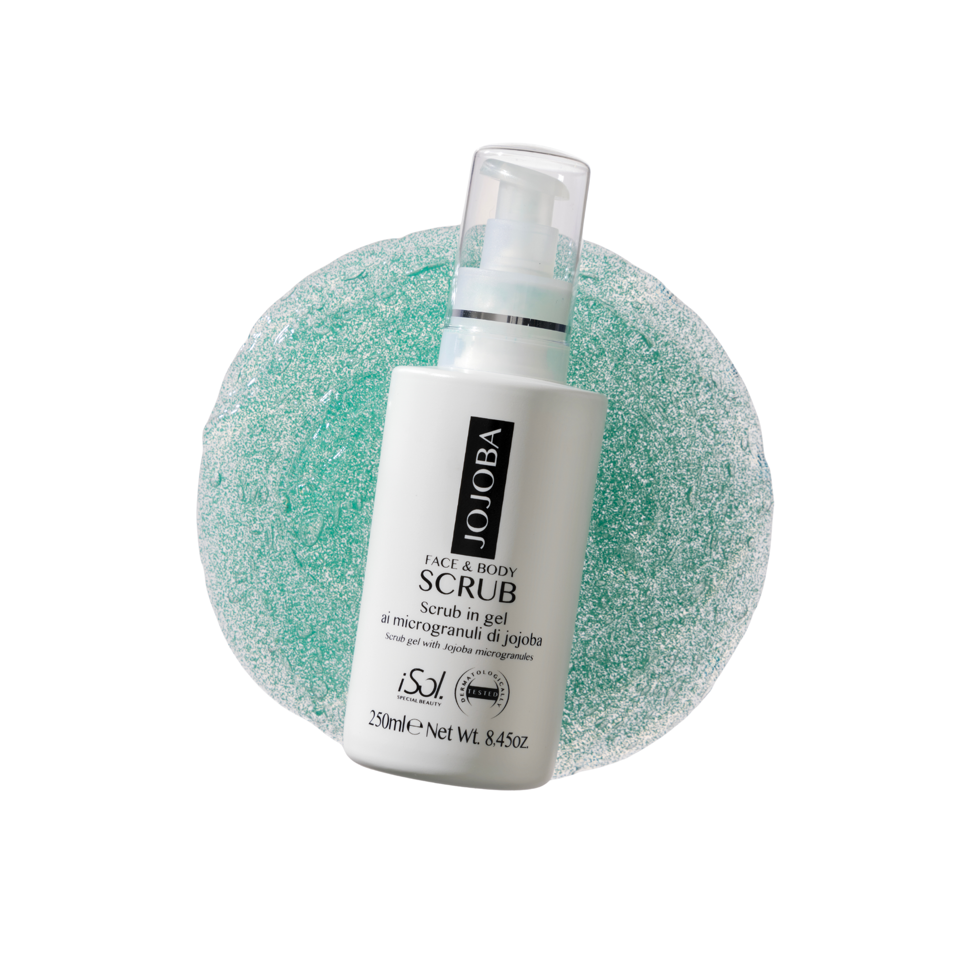 iSol.Beauty Jojoba Face & Body Scrub in 250ml container, showing the natural exfoliating scrub with jojoba beads and skincare ingredients