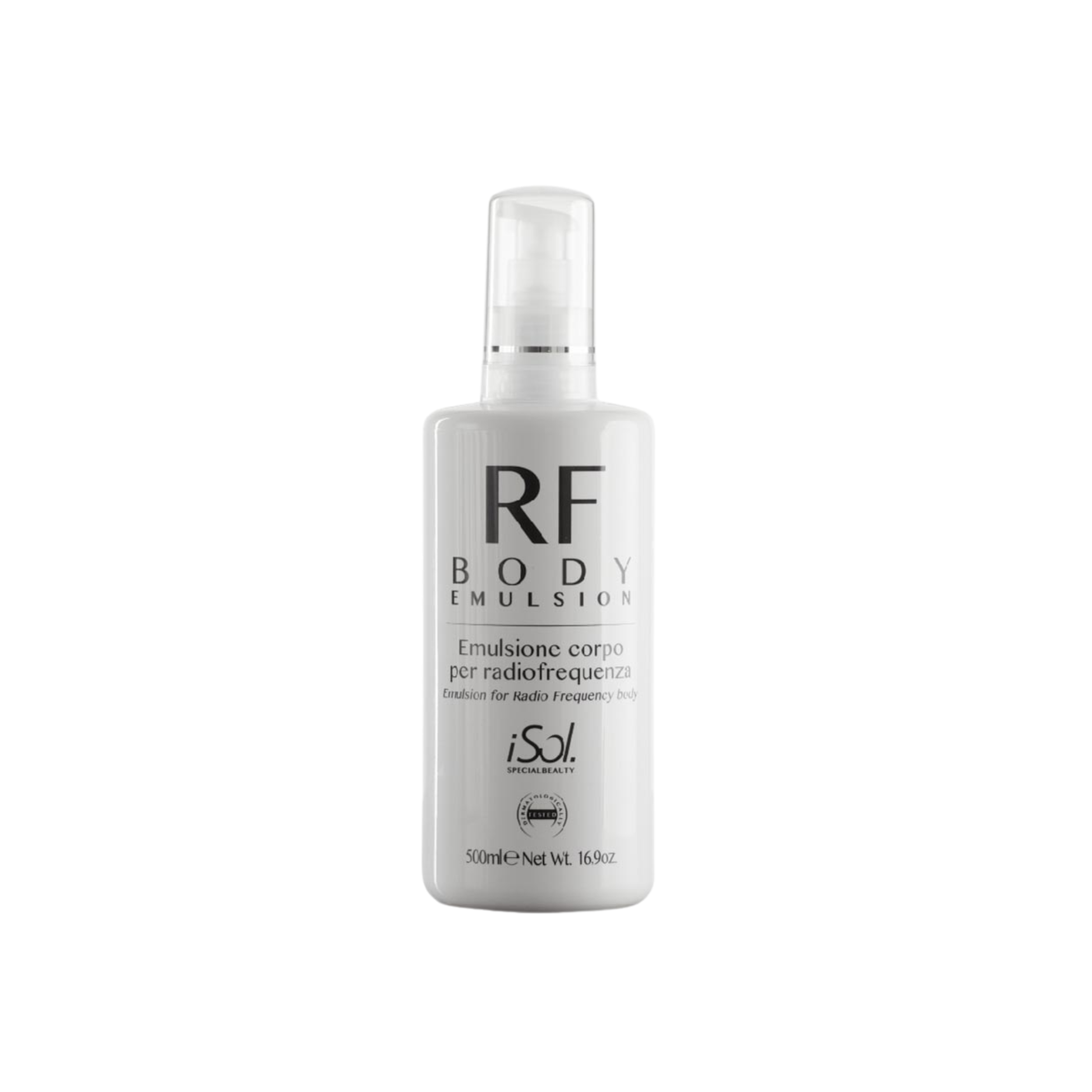 Bottle of iSol Beauty RF Body Emulsion on a white background
