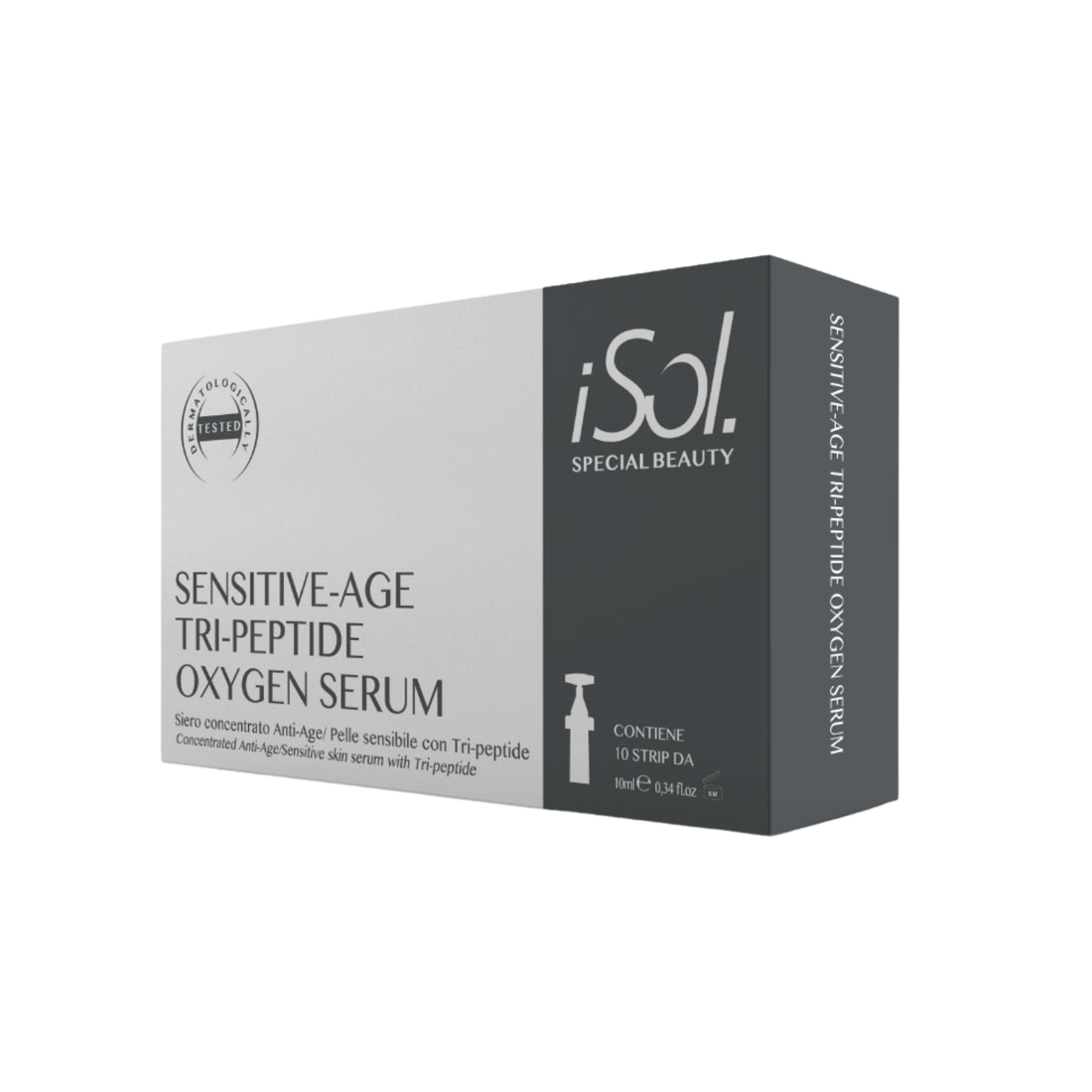 iSol.Beauty Sensitive Age Tri-Peptide Oxygen Serum applied on clean skin, showcasing the skin care product in a sleek bottle.